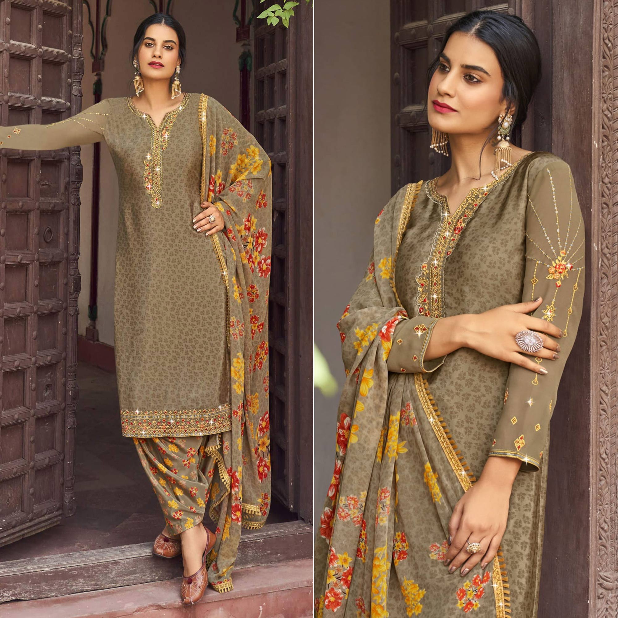 Brown Floral Embroidered Crepe Patiala Suit