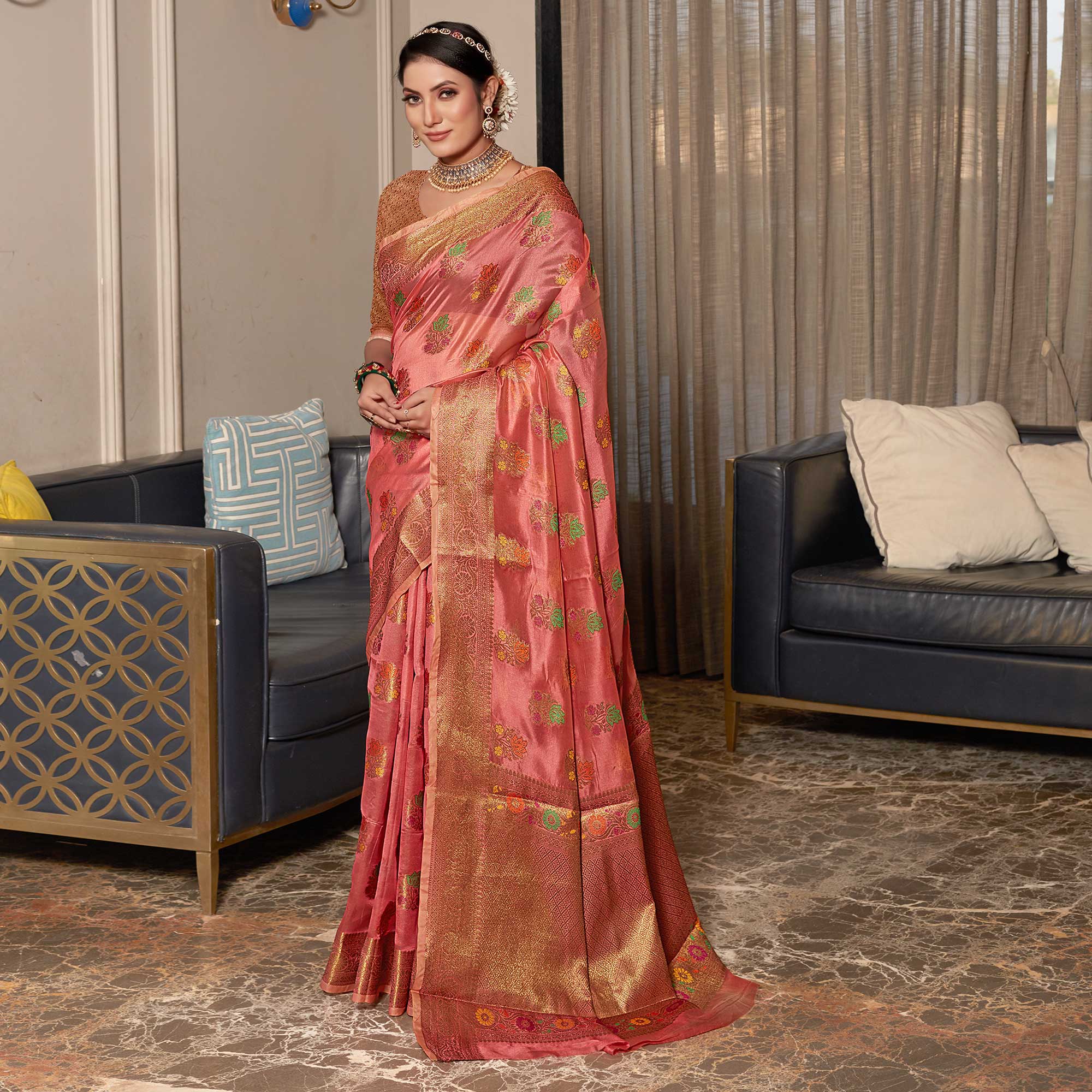 Gajari Pink Floral Woven Organza Saree