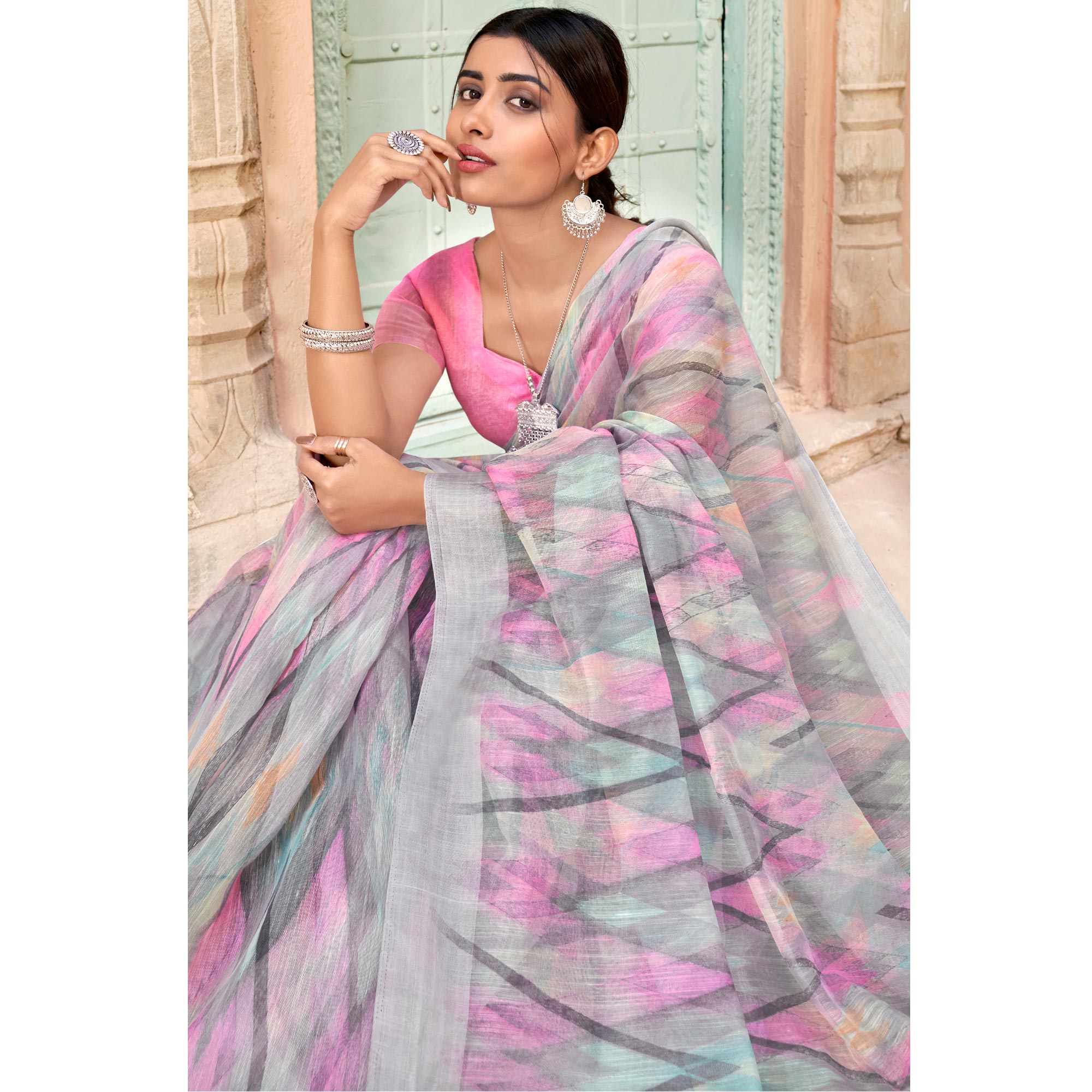 Grey Printed Cotton Blend Saree