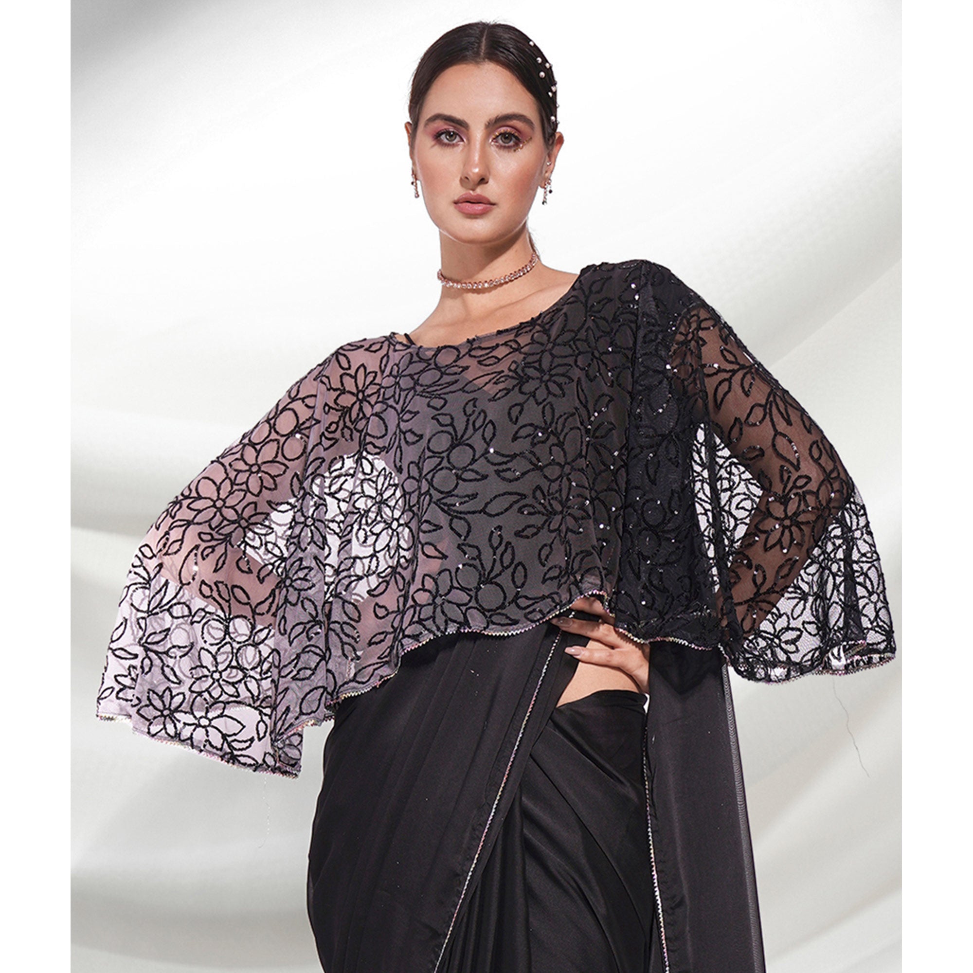 Black Solid Georgette Saree With Fancy Border