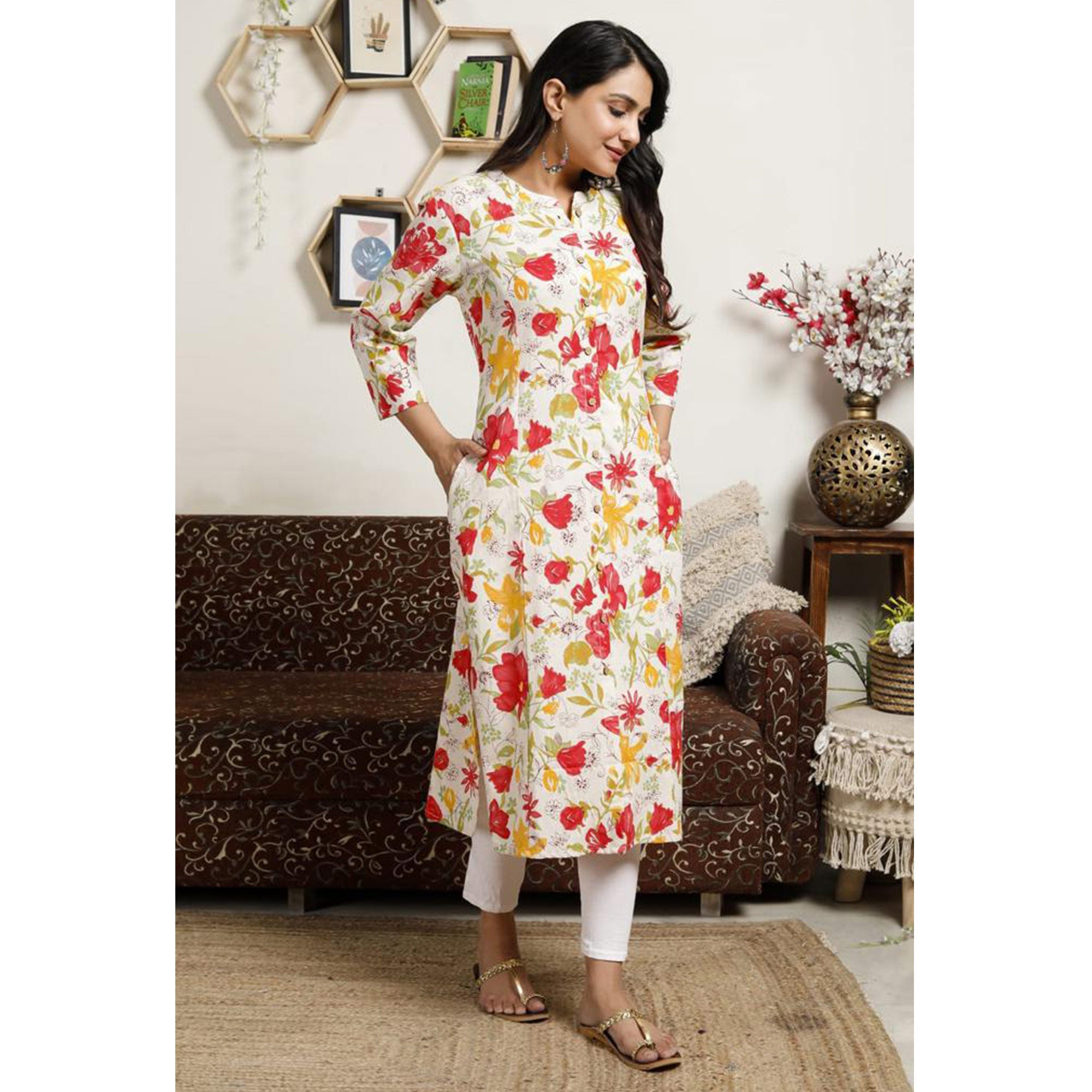 White Pink Floral Printed Cotton Kurti