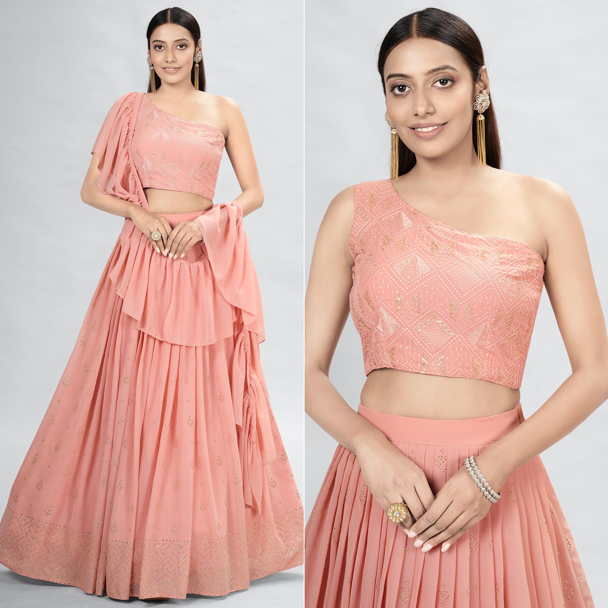 Peach Embellished With Embroidered Georgette Lehenga Choli