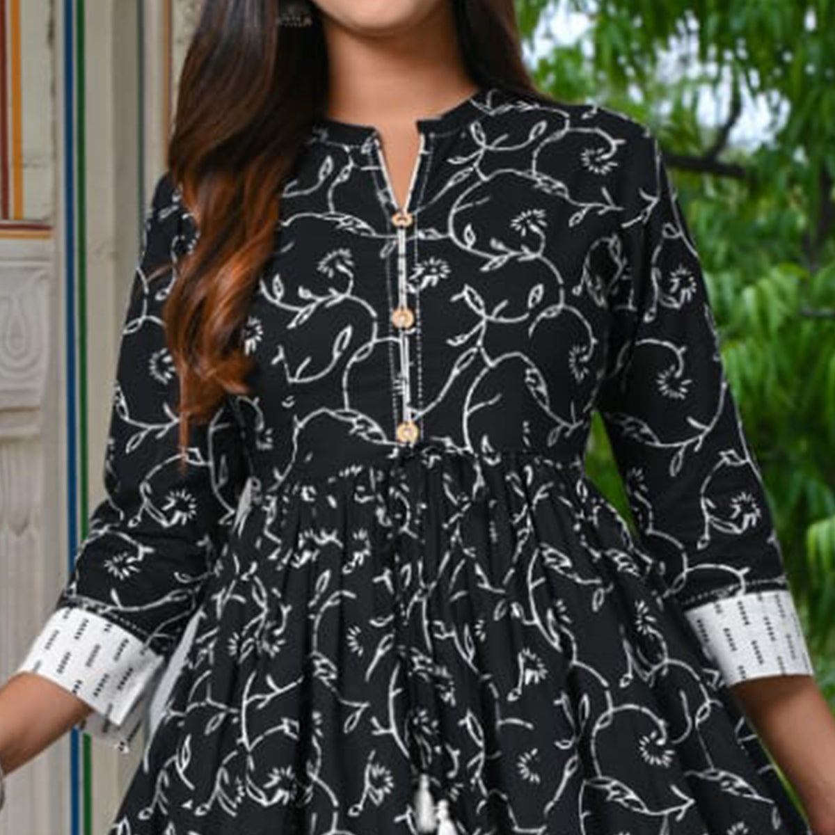 Black Floral Printed Pure Cotton Kurti Pant Set