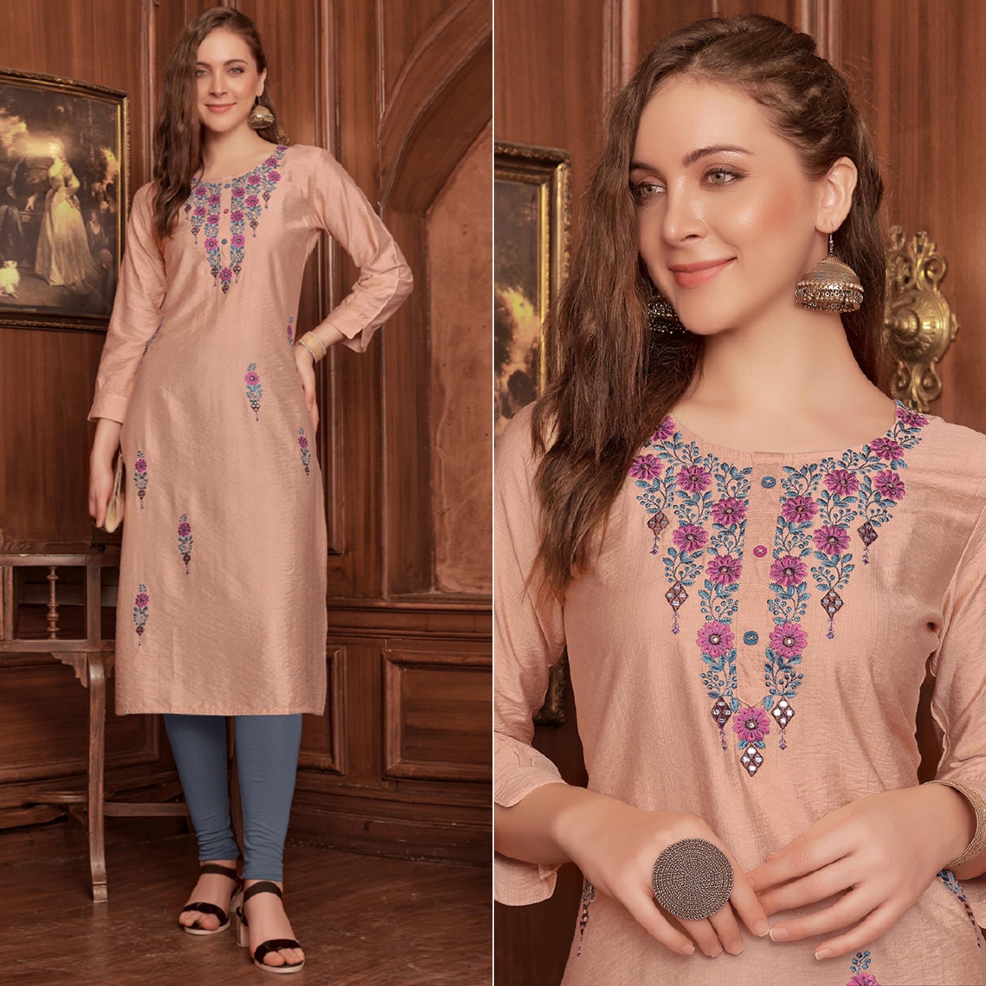 Light Brown Floral Embroidered Rayon Kurti