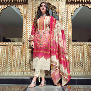 Pink And Cream Digital Printed With Daman Embroidered Pure Cotton Pakistani Suit