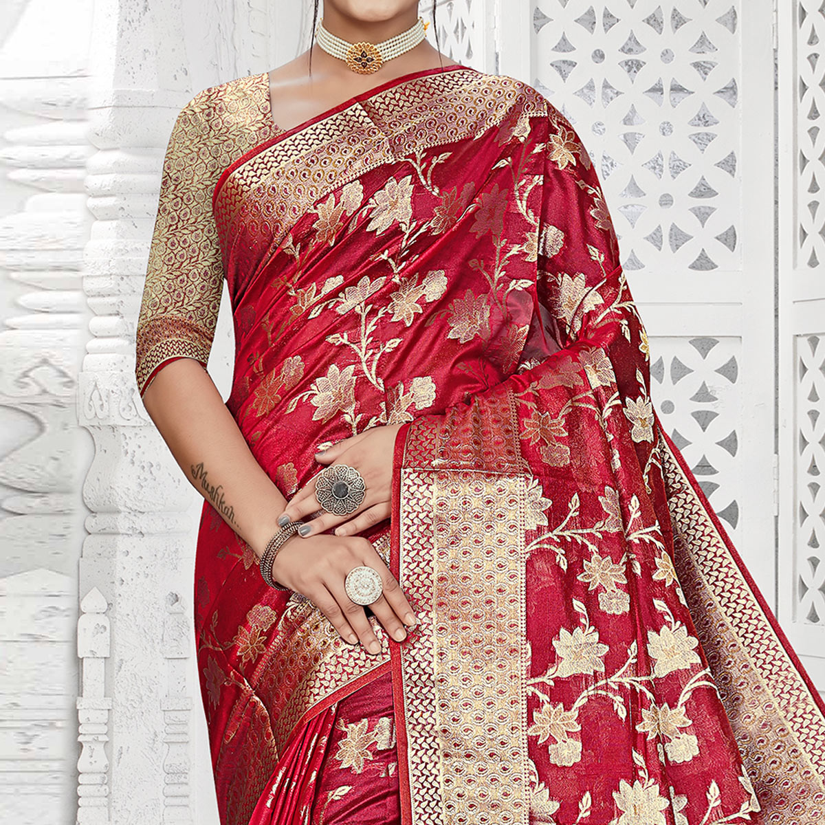 Rani Pink Floral Woven Organza Saree With Tassels