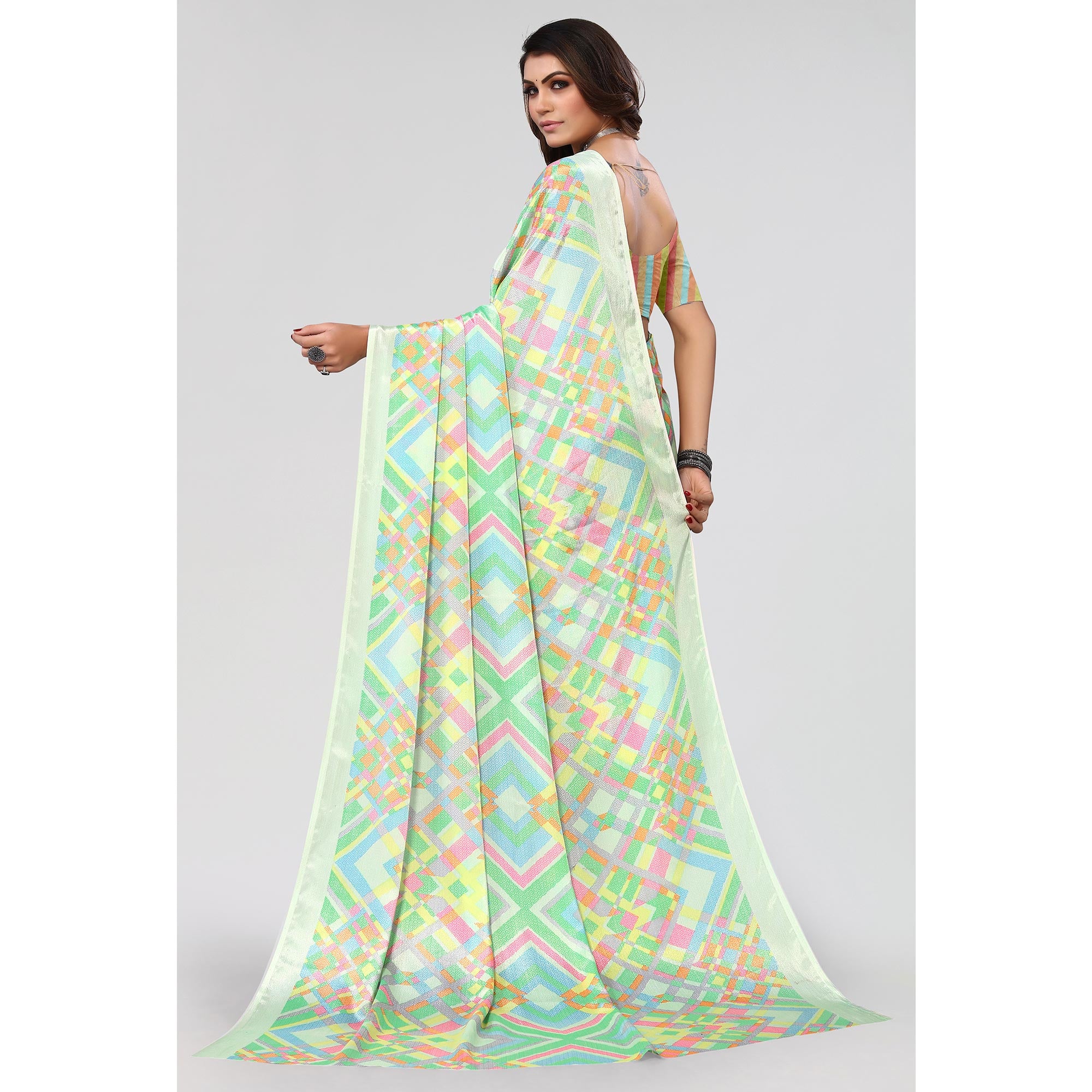 Sea Green Geometric Printed Chiffon Saree