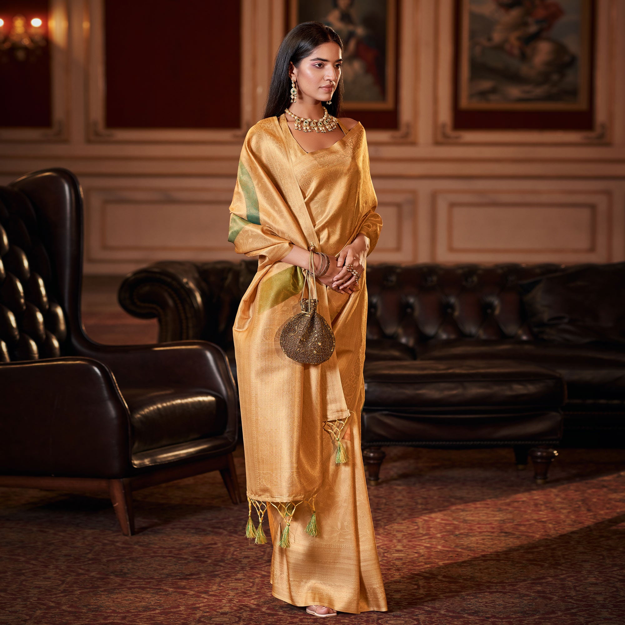 Golden Woven Jacquard Saree With Tassels