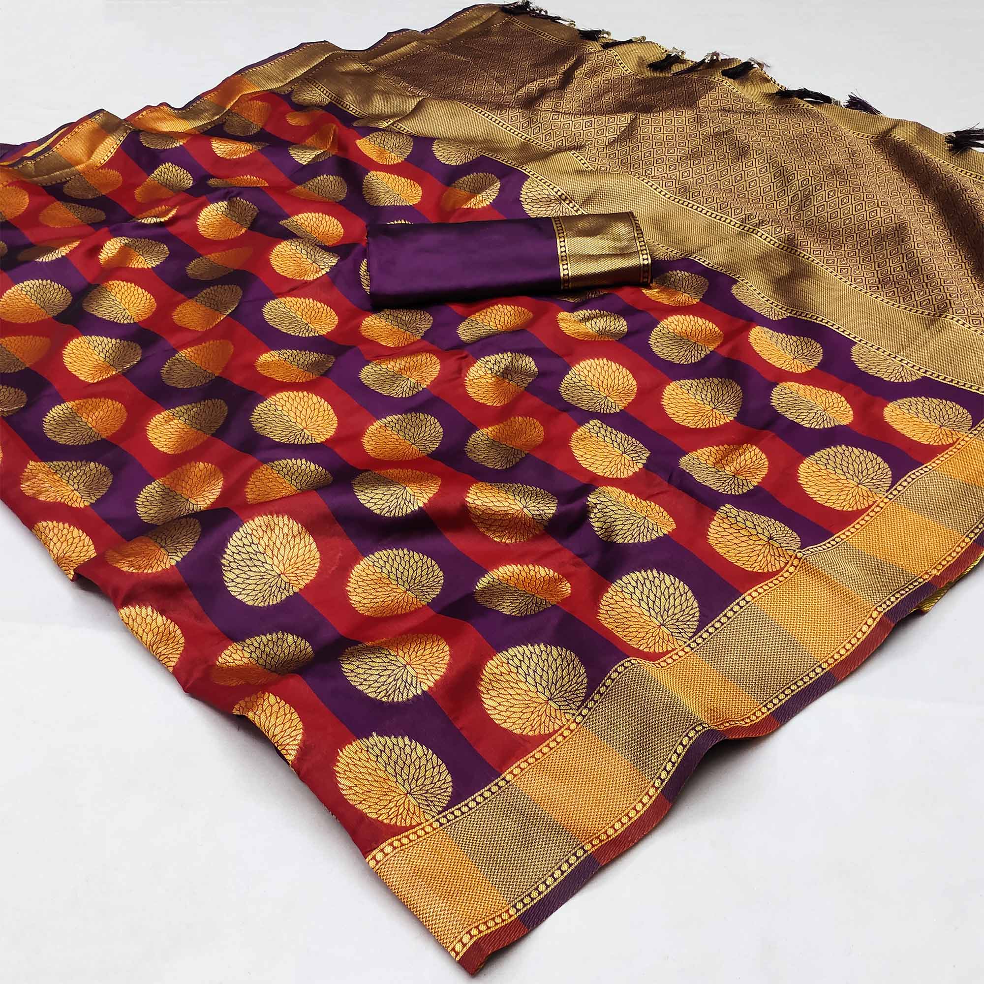 Purple And Maroon Woven Jacquard Saree With Tassels