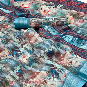 Blue Digital Printed Linen Saree