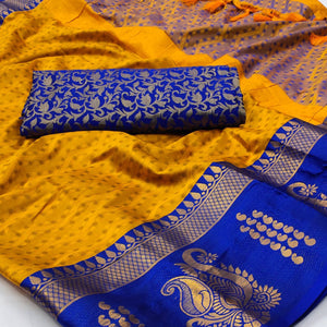 Golden Woven Cotton Silk Saree With Tassels