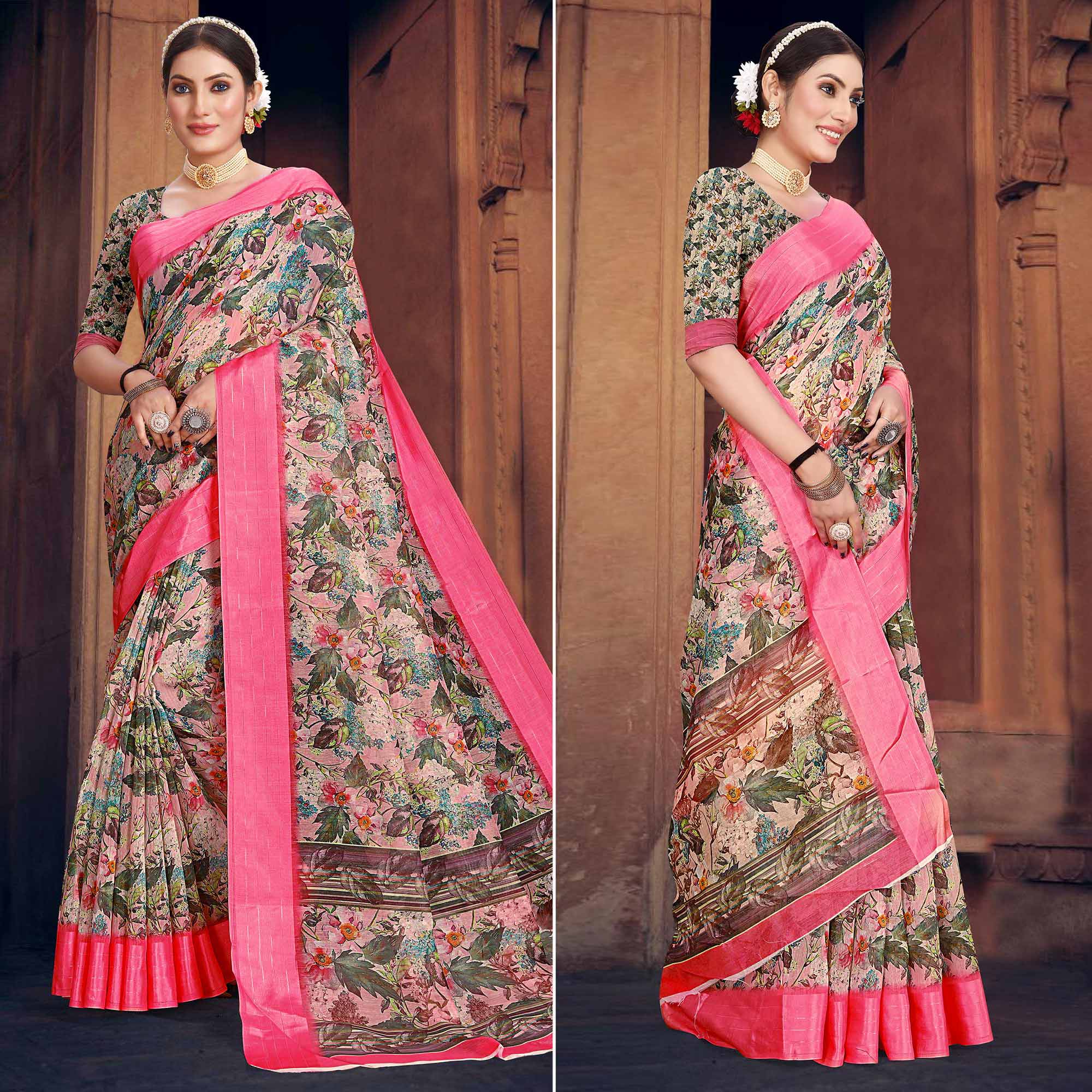 Light Pink Digital Printed Cotton Blend Saree