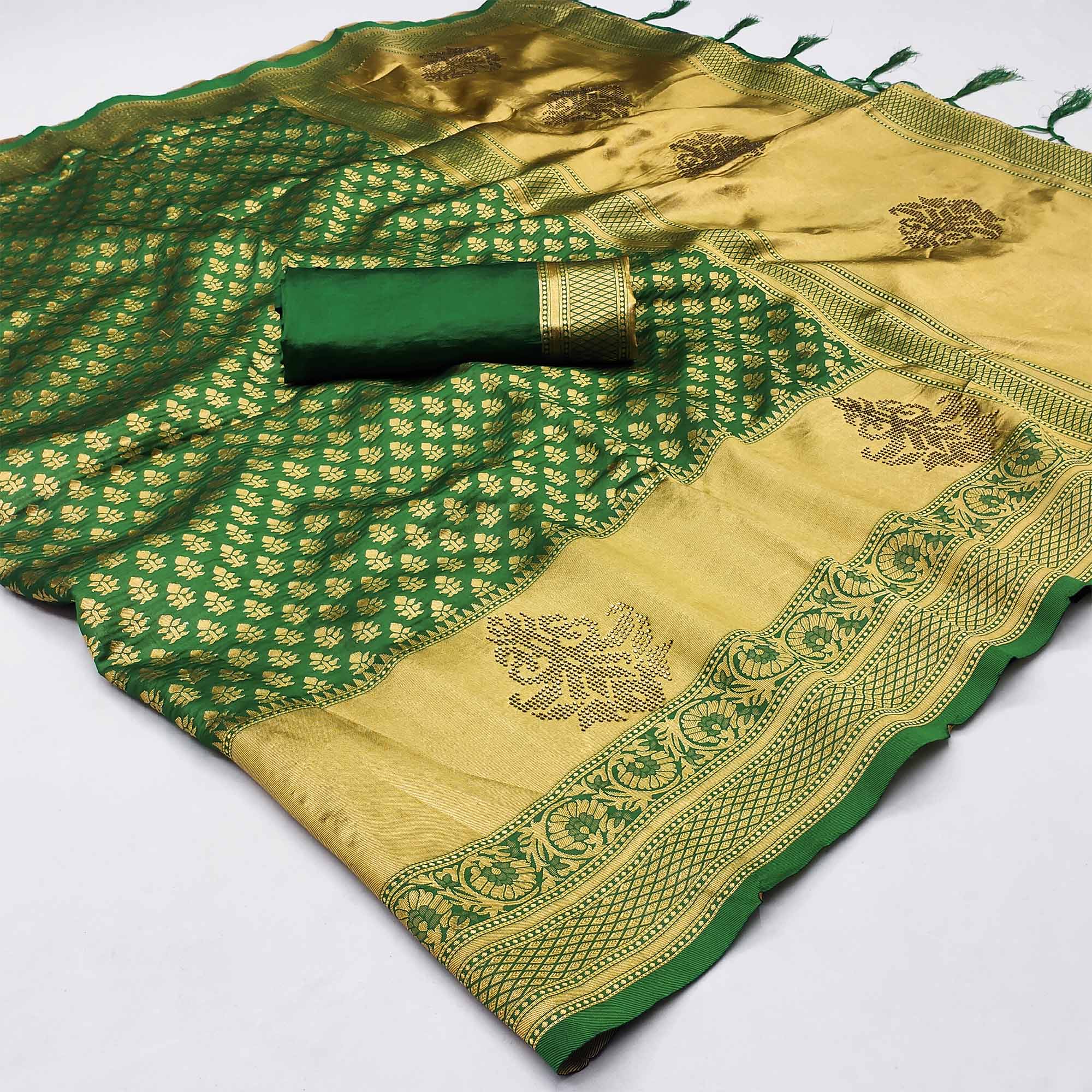 Green Woven Art Silk Saree With Tassels