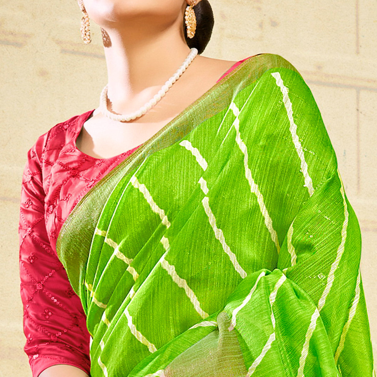 Parrot Green Leheriya Printed Linen Saree