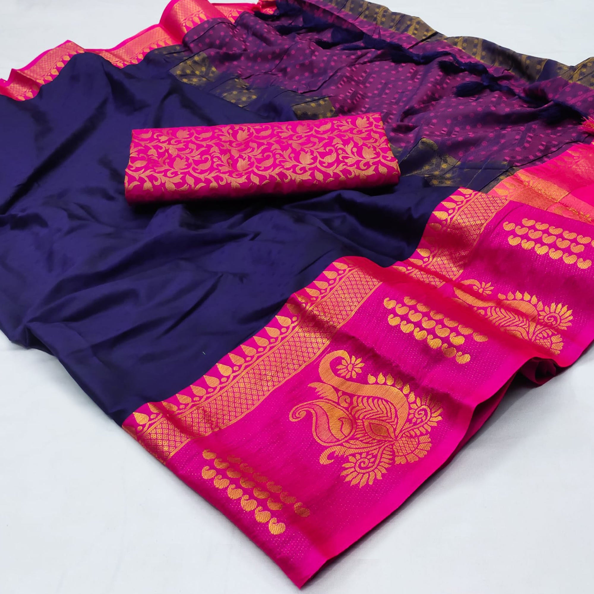 Navy Blue Woven Cotton Silk Saree With Tassels