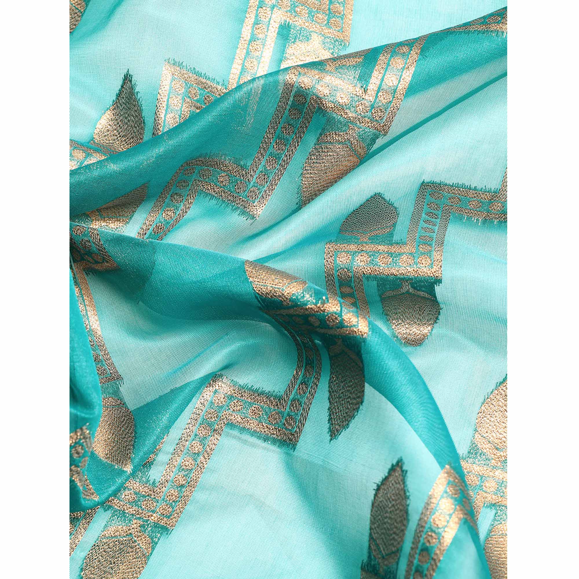 Turquoise Floral Woven Organza Silk Saree With Tassels