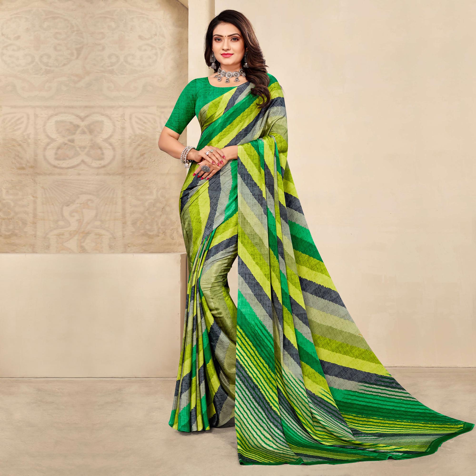 Green Striped Printed Crepe Saree