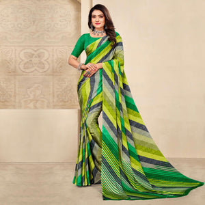 Green Striped Printed Crepe Saree