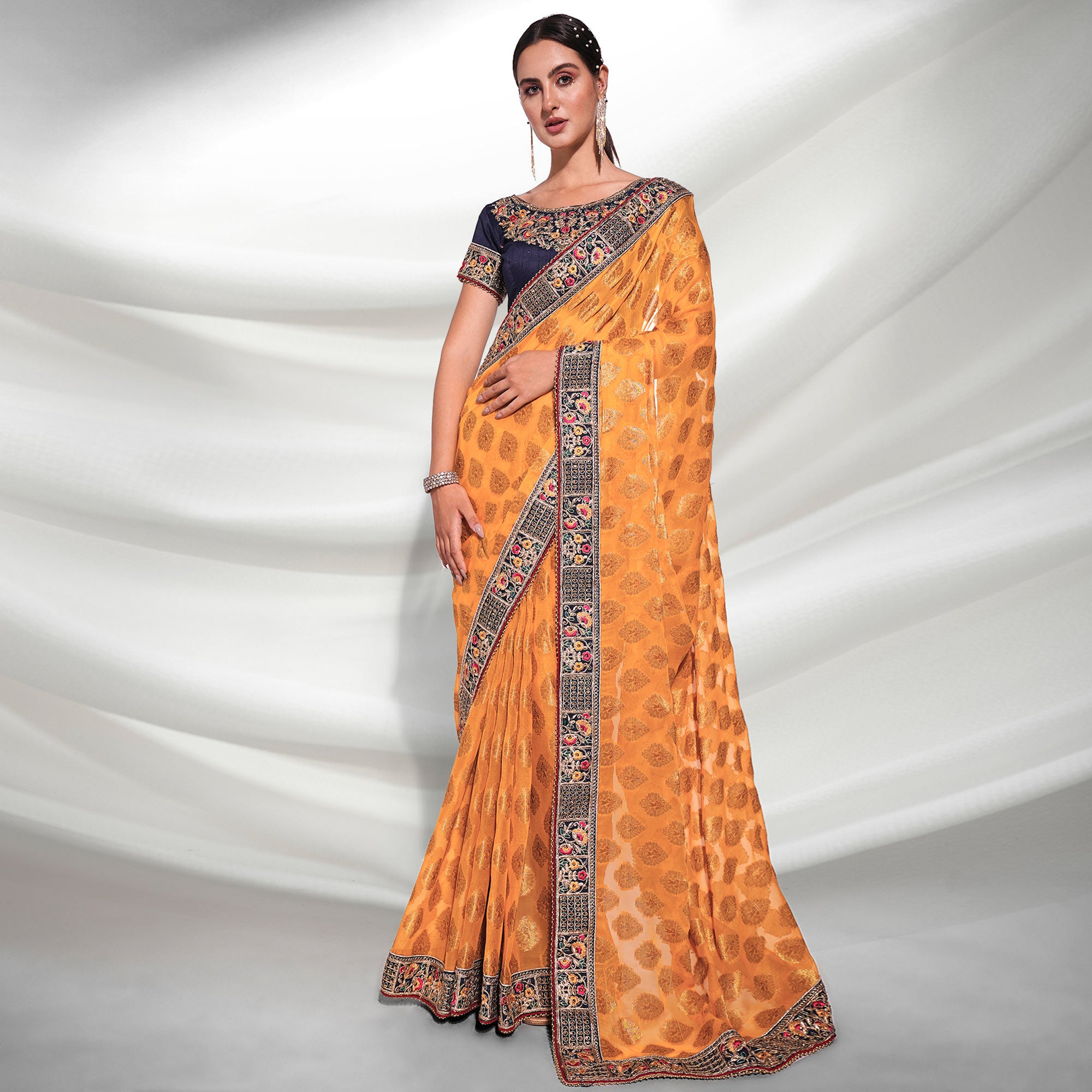 Mustard Woven With Embroidered Border Viscose Saree