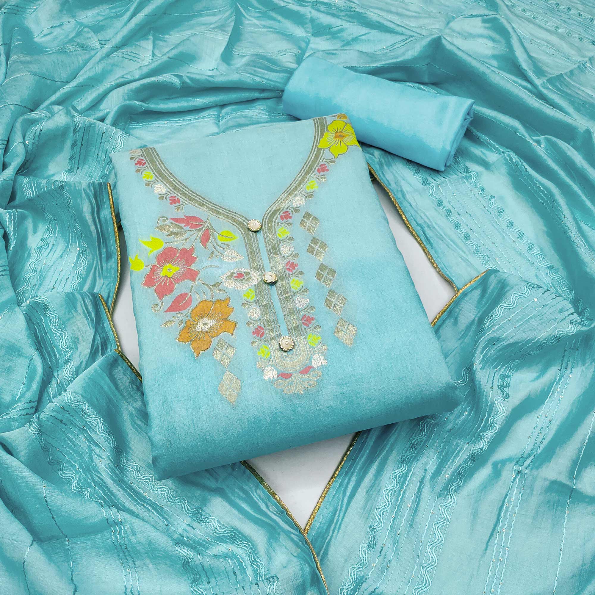 Blue Floral Woven Banarasi Silk Dress Material