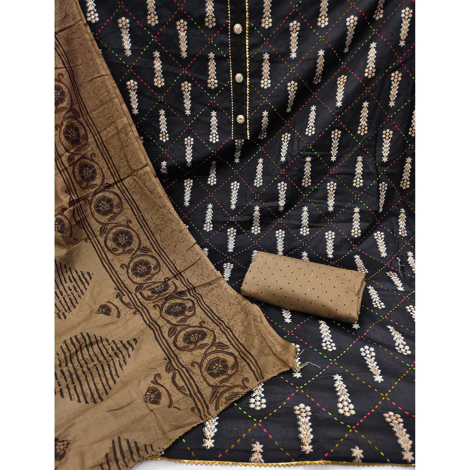 Black Printed Pure Cotton Dress Material