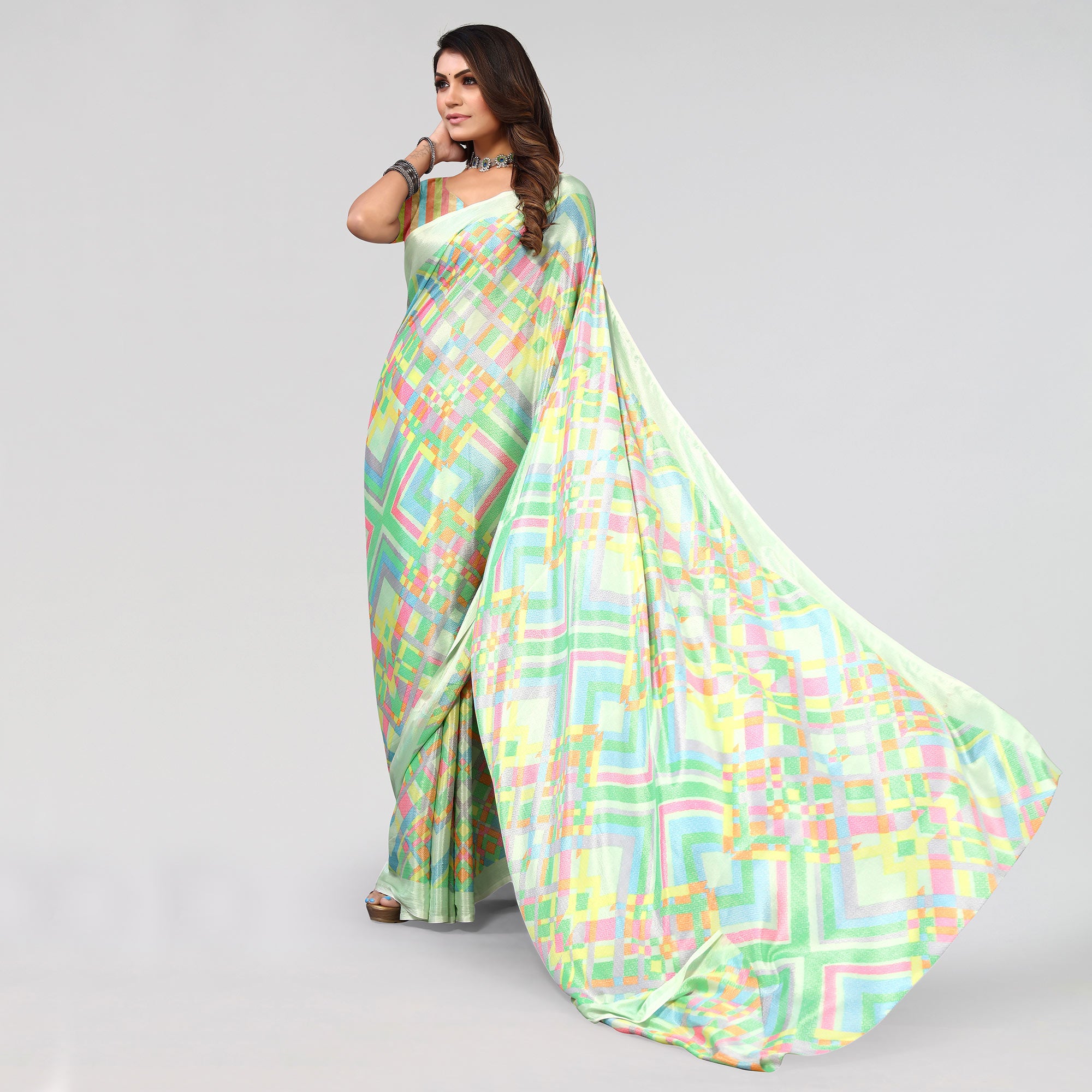 Sea Green Geometric Printed Chiffon Saree