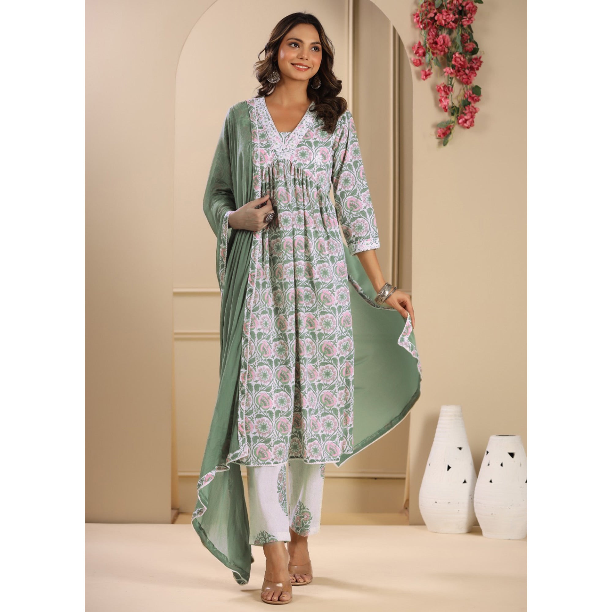 Green Floral Printed Pure Cotton Naira Cut Suit