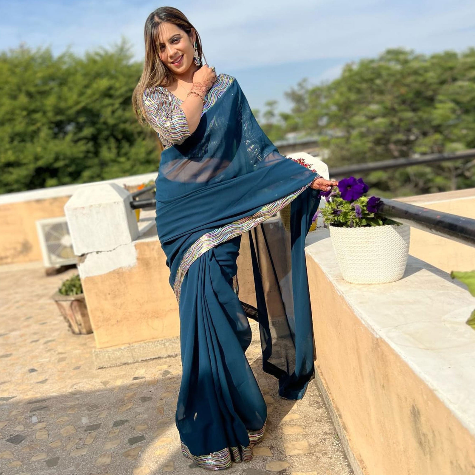 Blue Sequins Work Georgette Saree