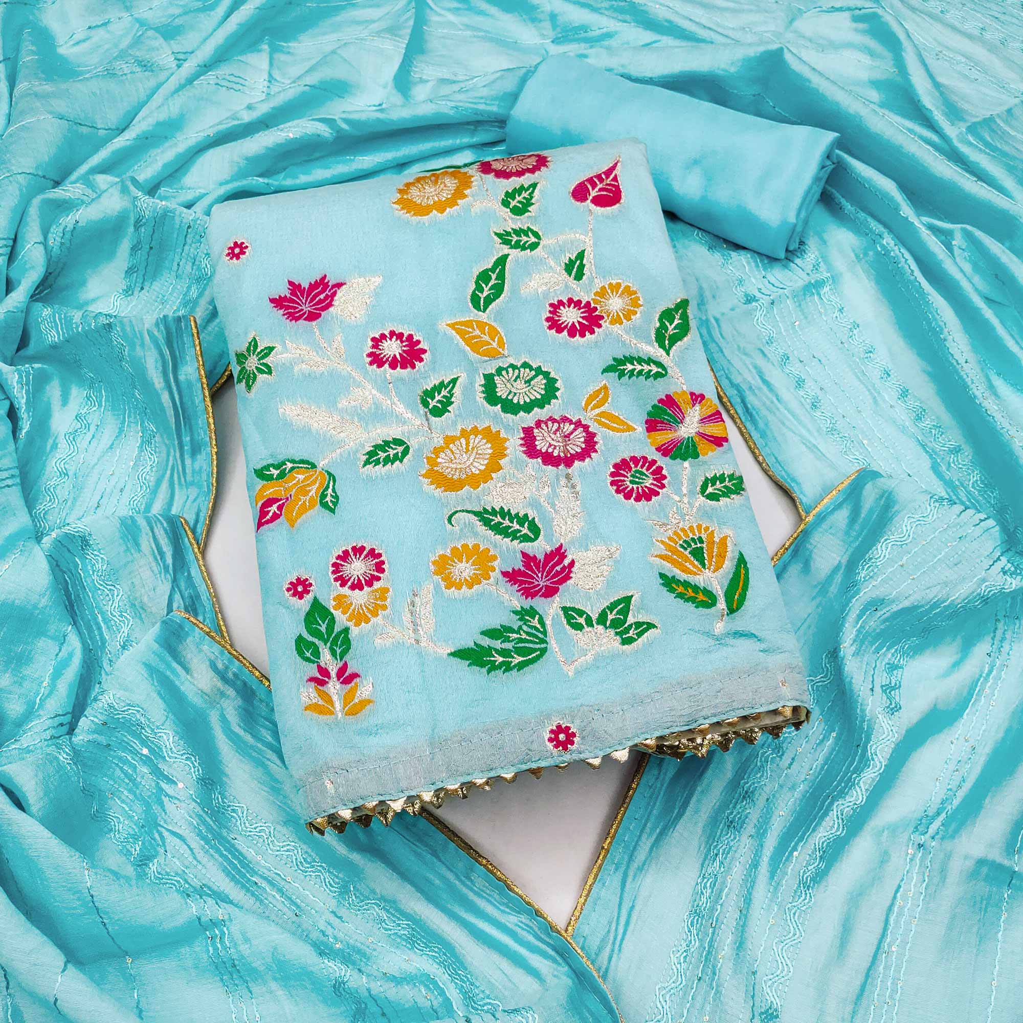 Blue Floral Woven Banarasi Silk Dress Material