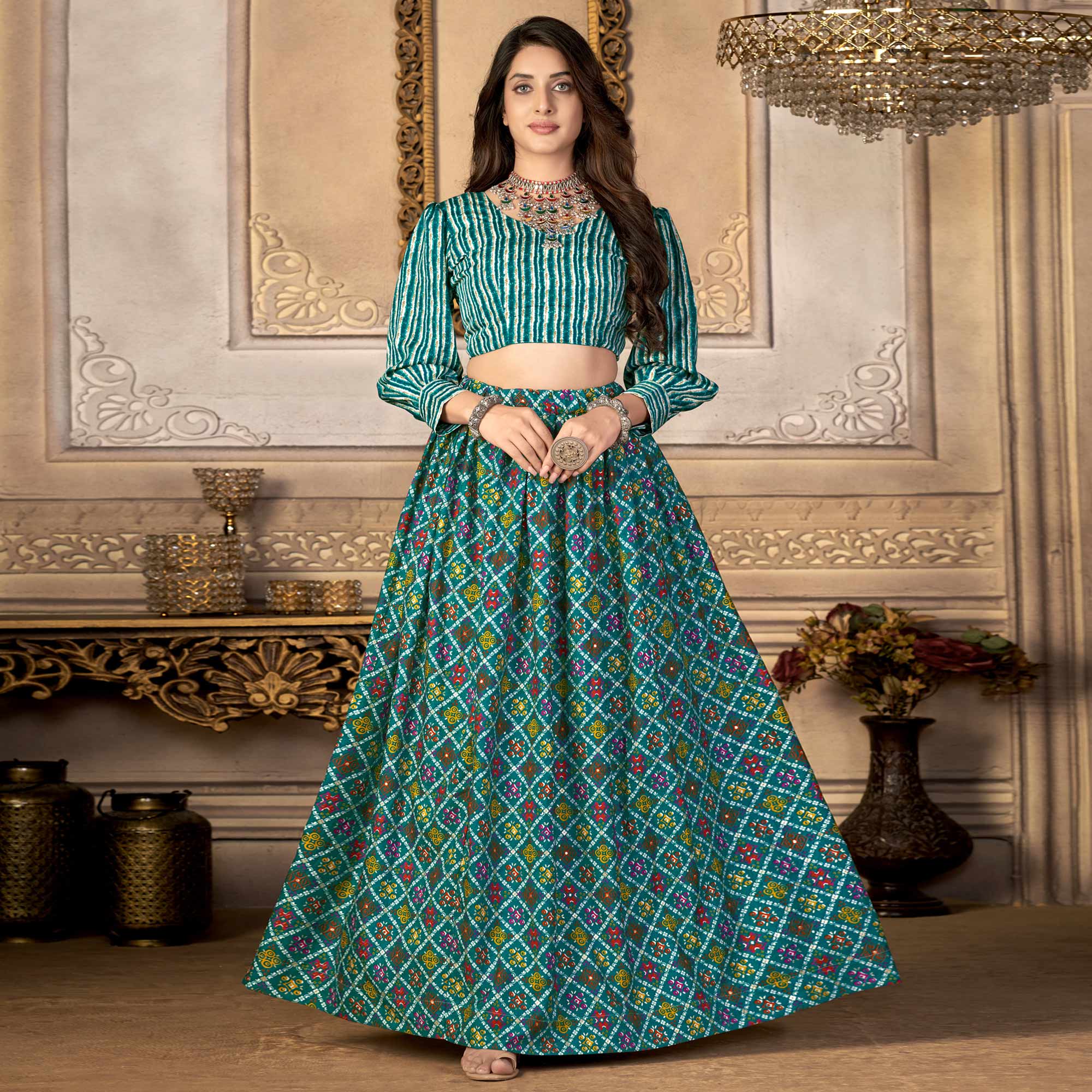 Rama Green Printed Crepe Top Skirt Set