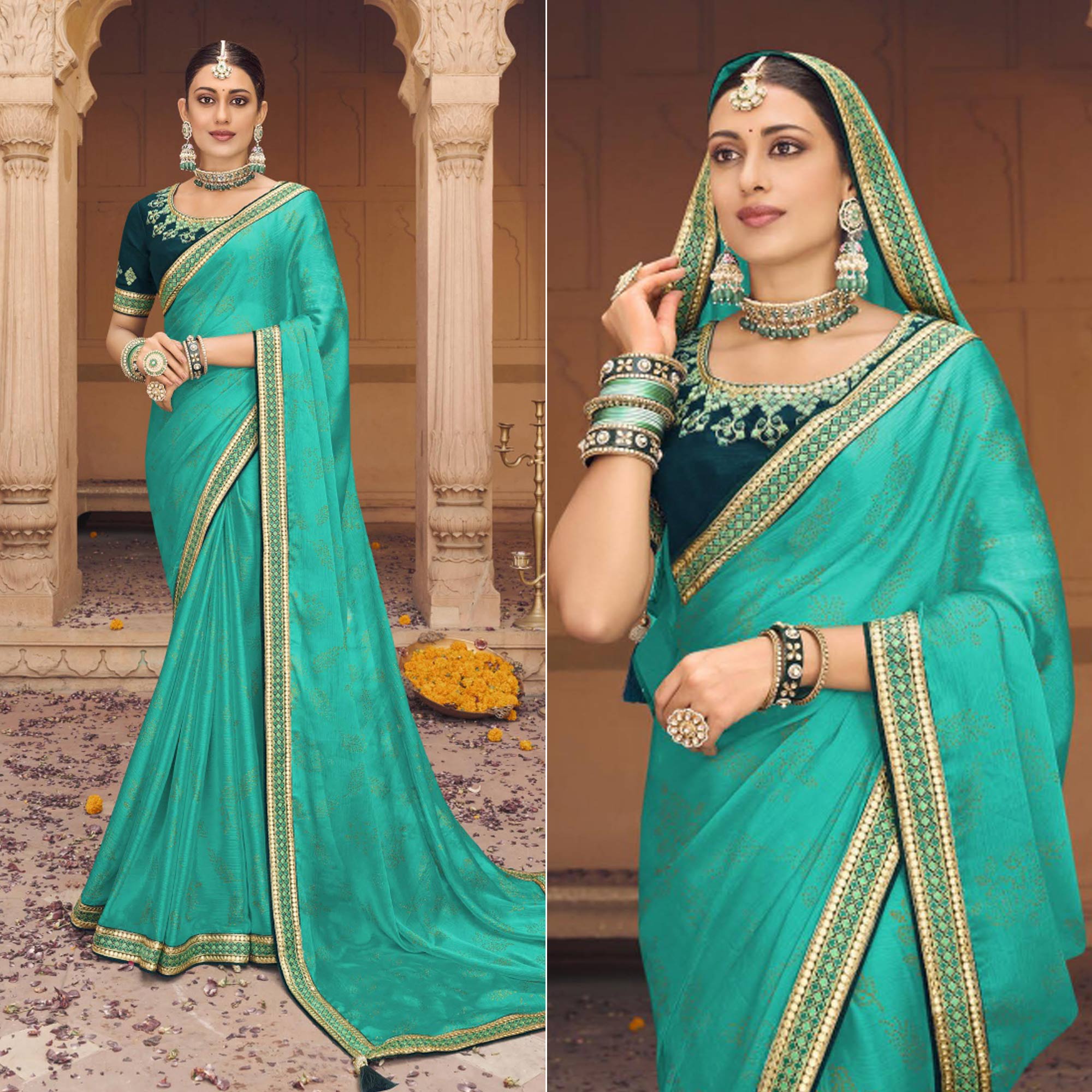 Sea Green Embellished With Embroidered Border Satin Saree