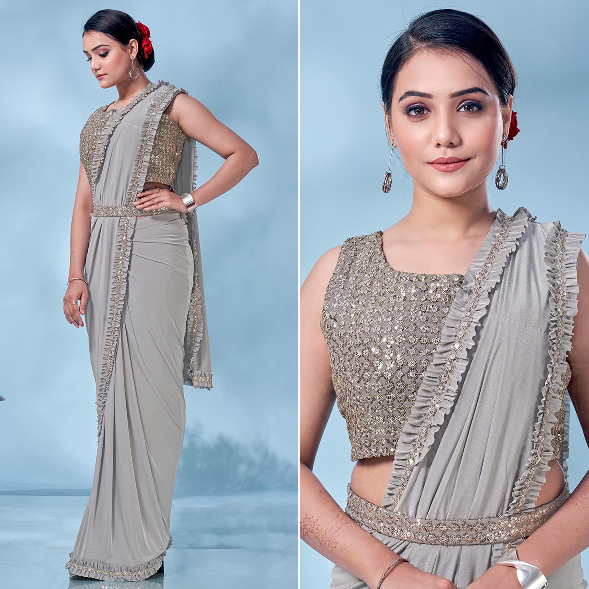 Grey Sequins Embroidered Ready to Wear Lycra Saree