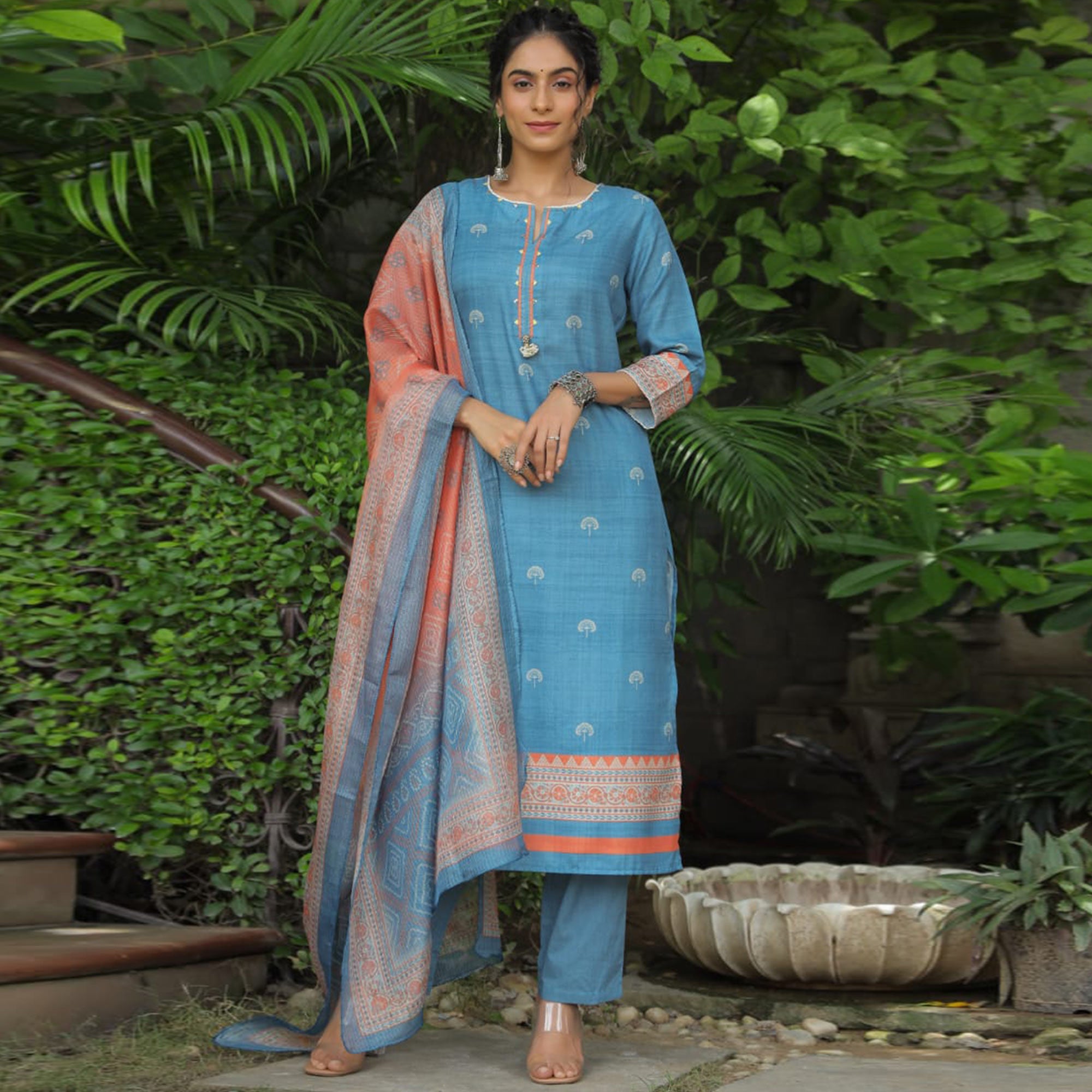 Blue Floral Printed Rayon Suit