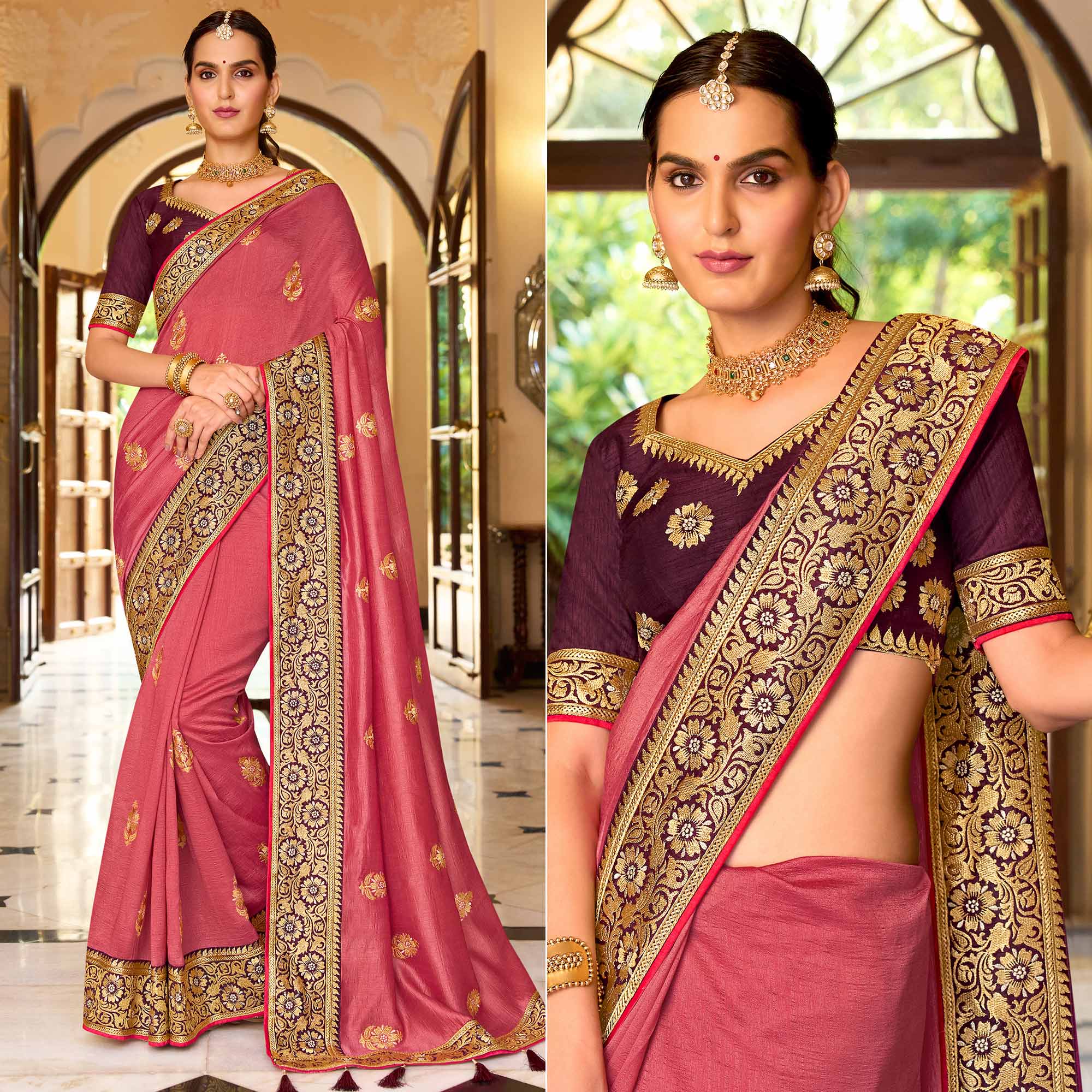 Pink Embroidered Vichitra Silk Saree With With Tassels