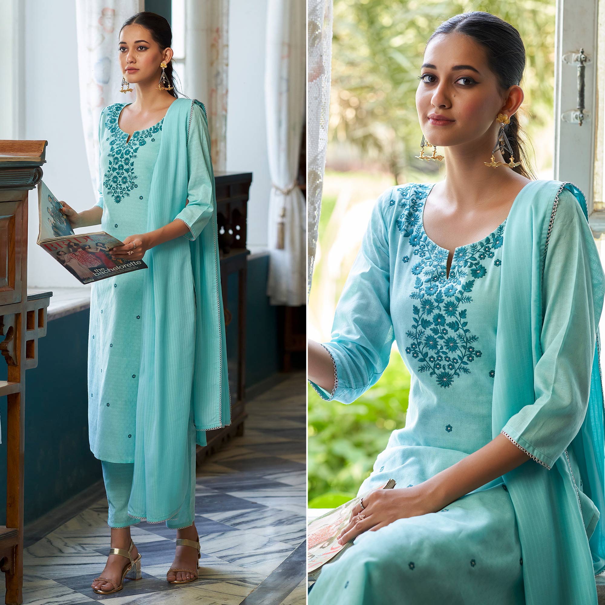 Blue Floral Embroidered Pure Cotton Suit