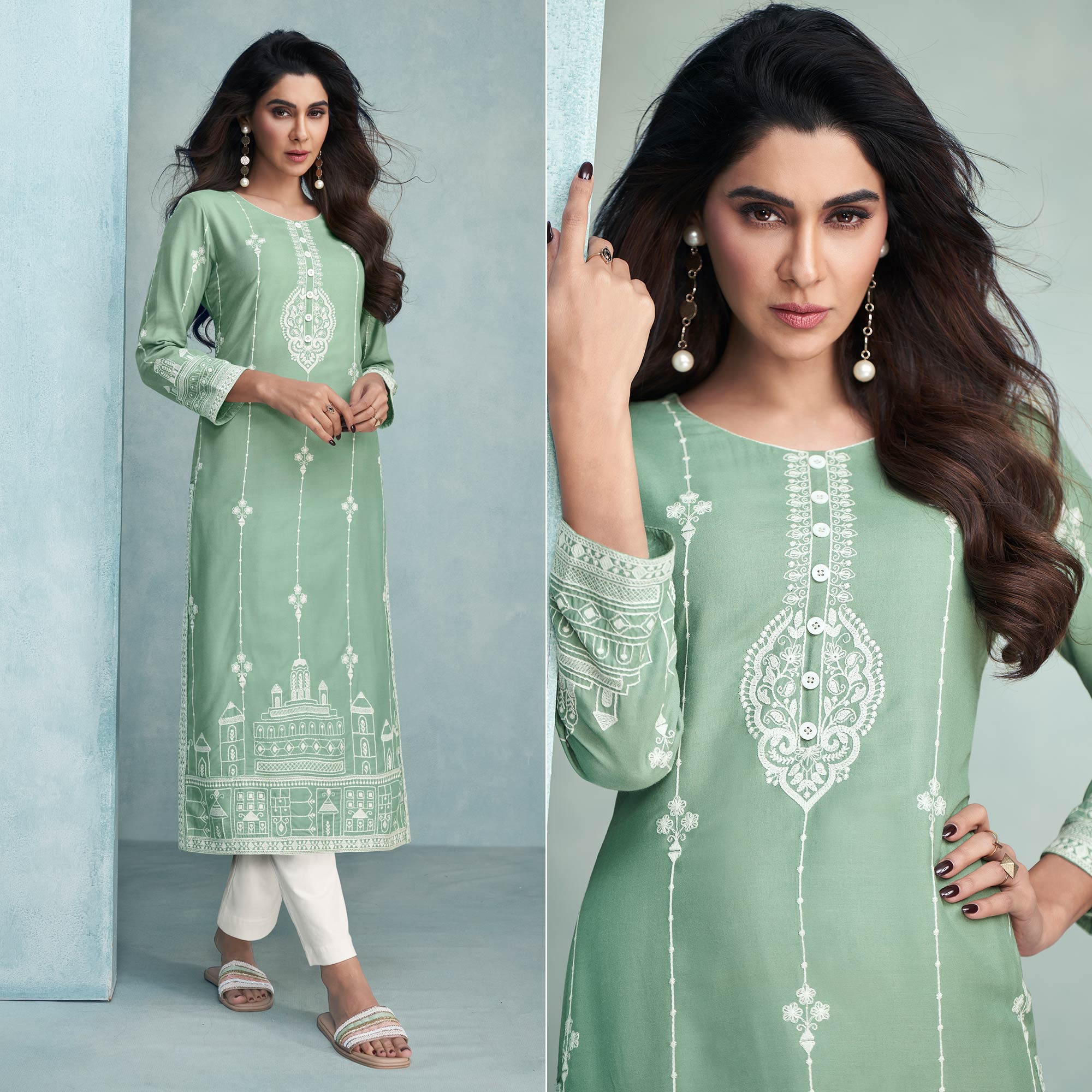 Sea Green Lucknowi Embroidered Rayon Kurti