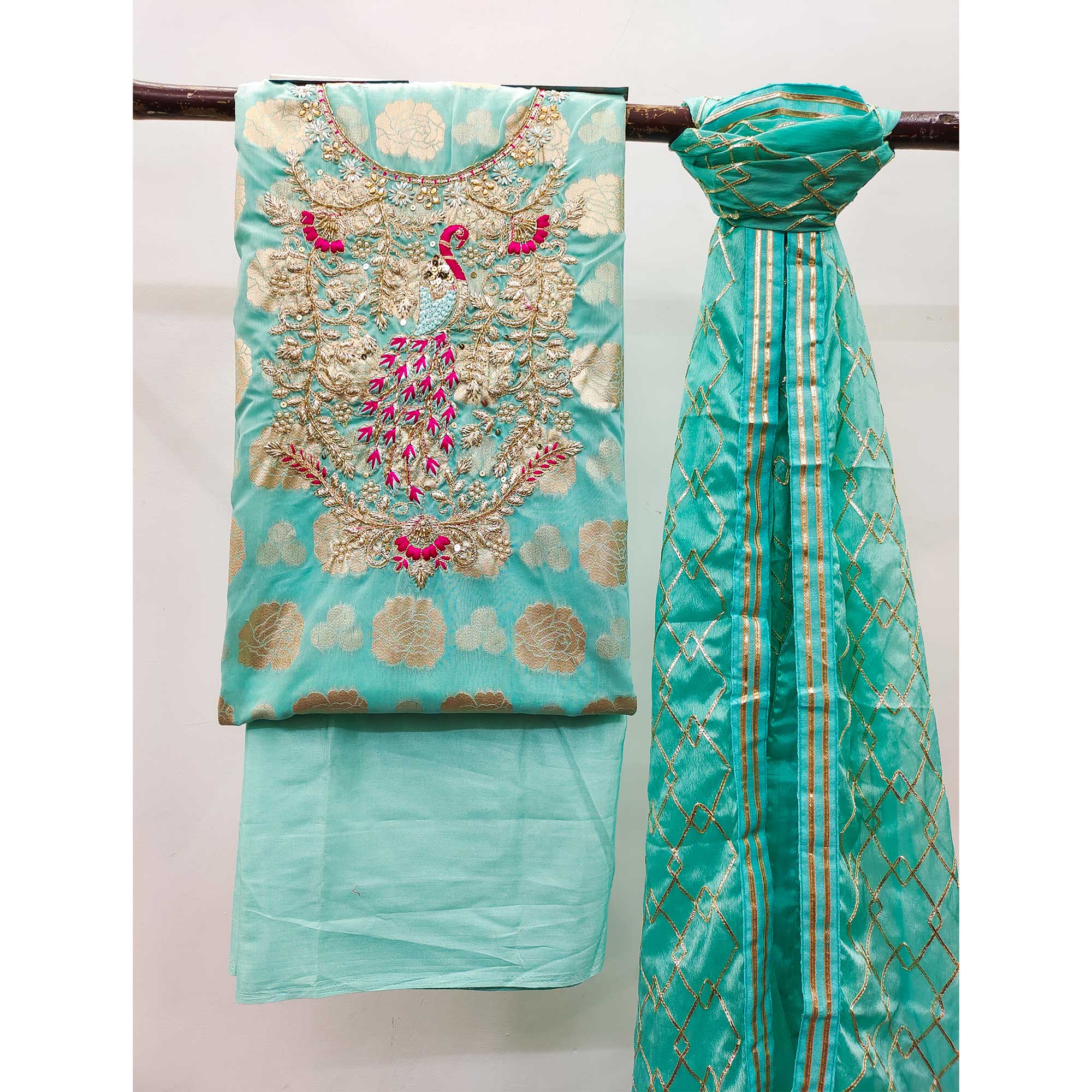 Blue Woven Banarasi Silk Dress Material