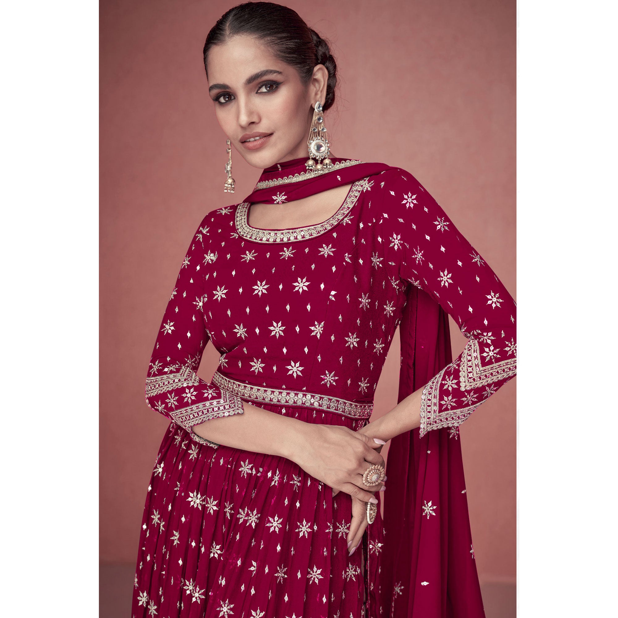 Rani Pink Sequins Embroidered Georgette Semi Stitched Naira Cut Suit
