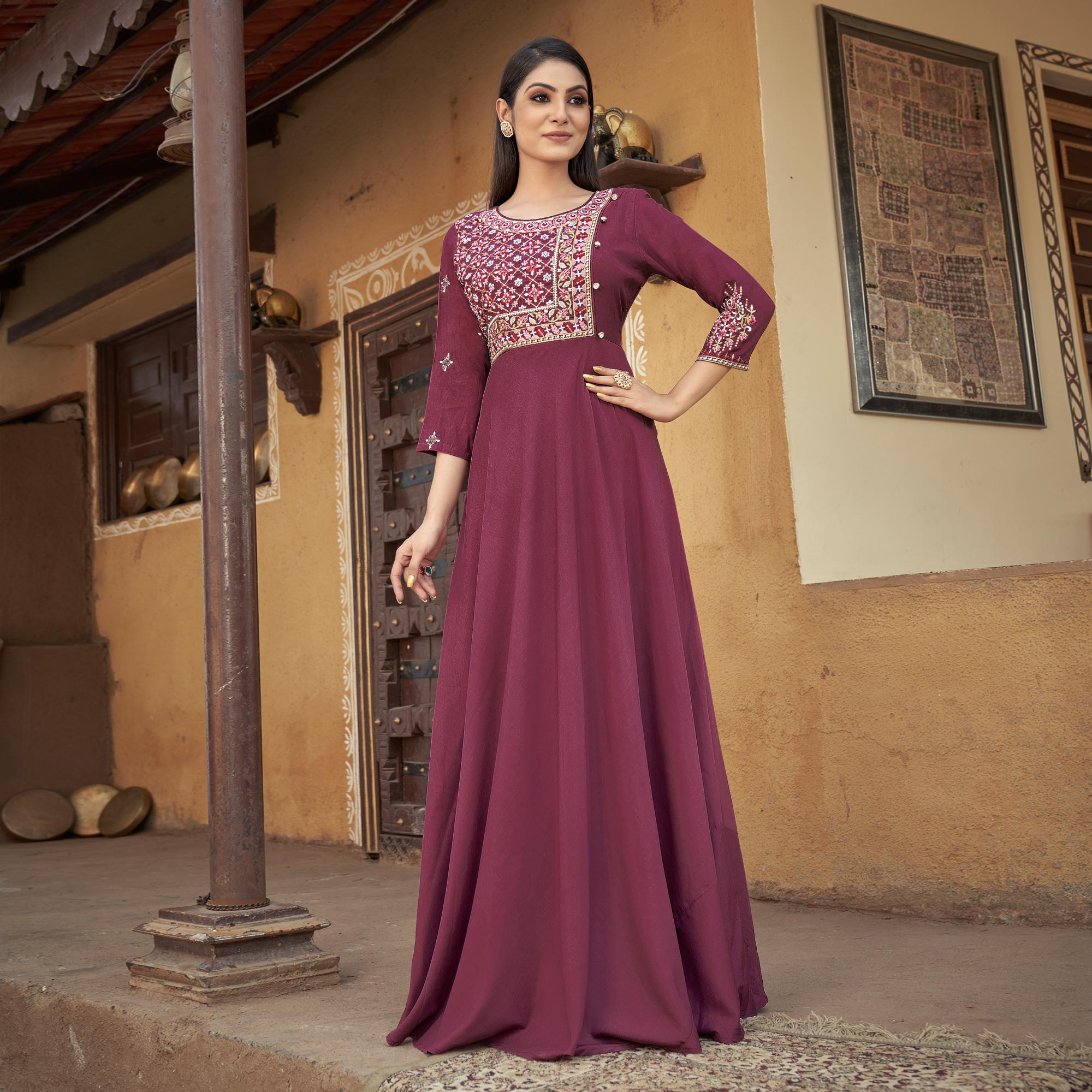 Wine Floral Embroidered Muslin Gown