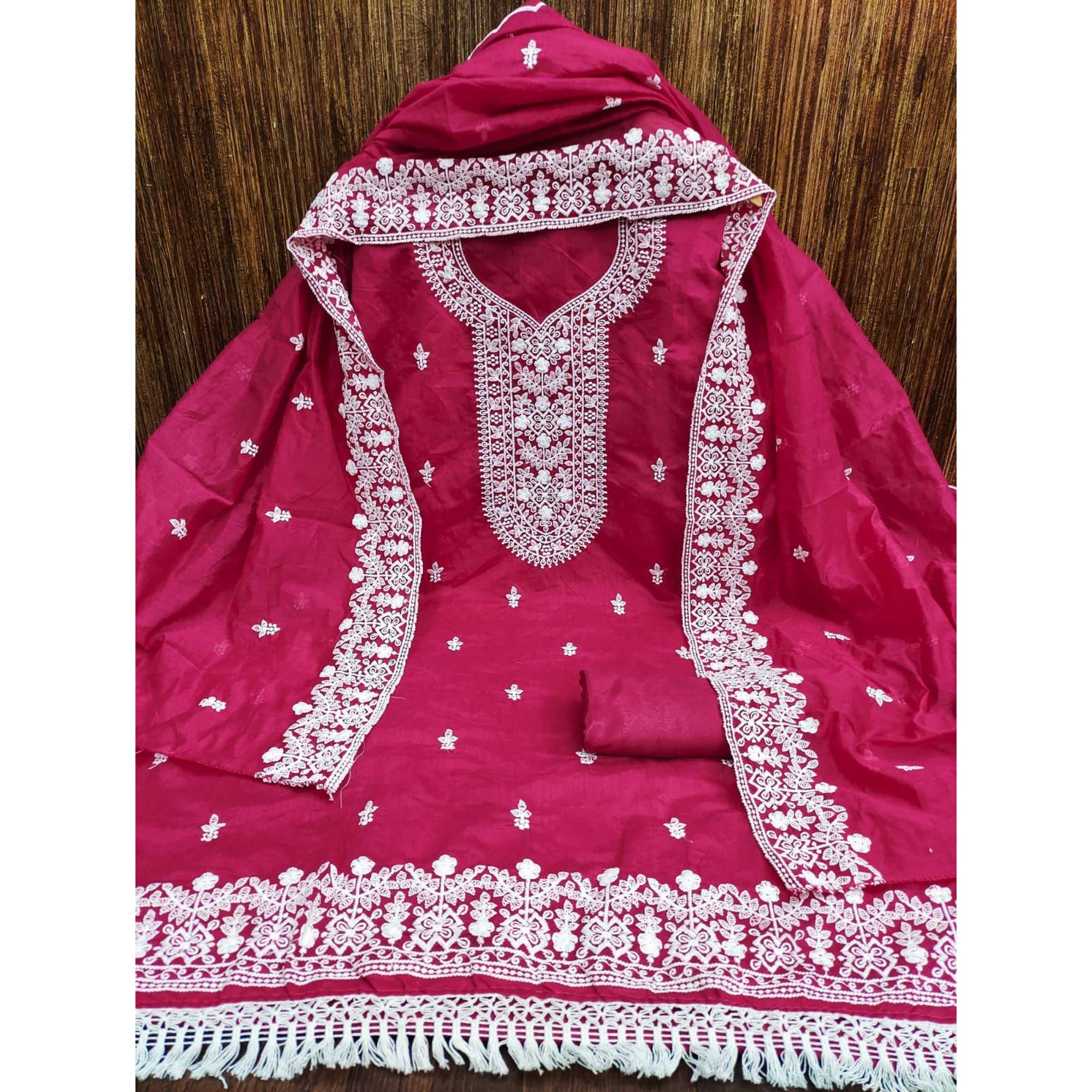 Rani Pink Lucknowi Embroidered Modal Dress Material