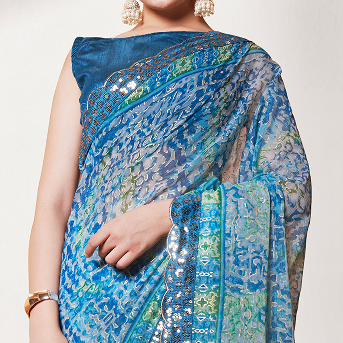 Blue Printed With Sequins Border Georgette Saree