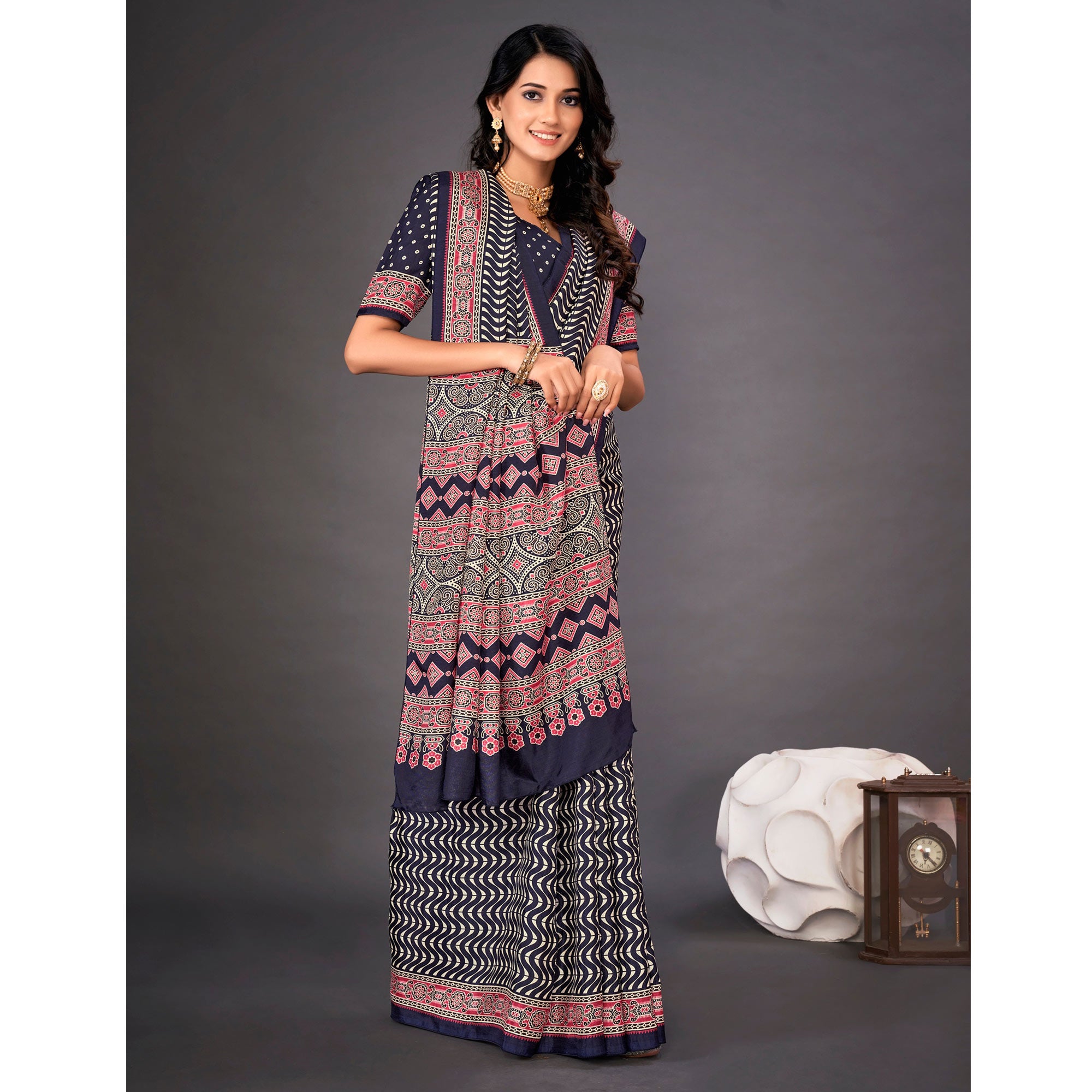 Navy Blue Printed Dola Silk Saree