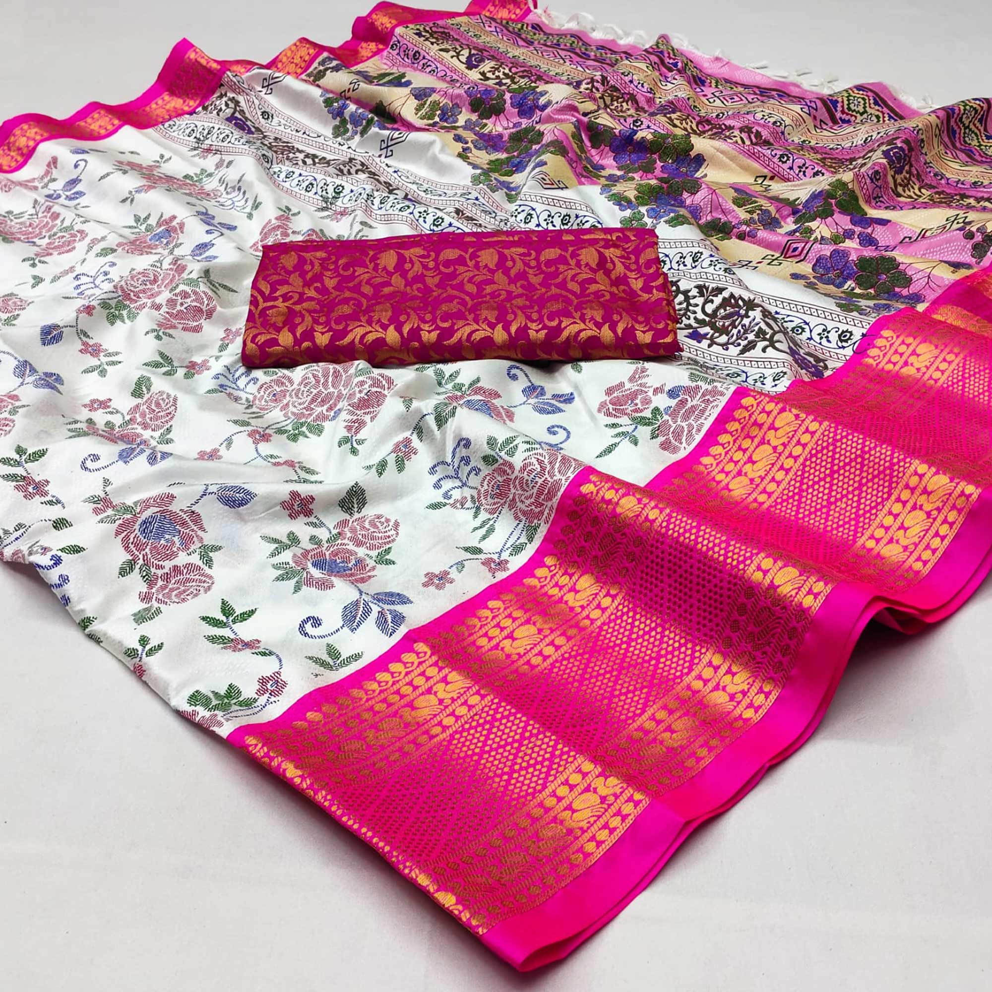 White And Rani Pink Floral Printed With Woven Cotton Silk Saree