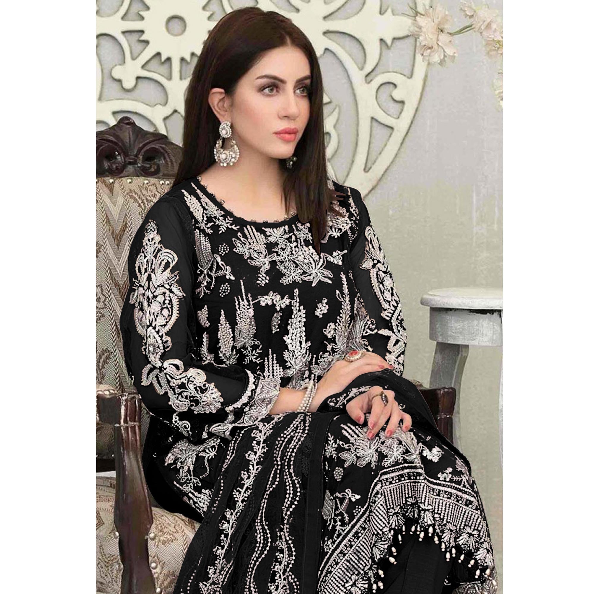 Black Floral Embroidered Georgette Pakistani Suit