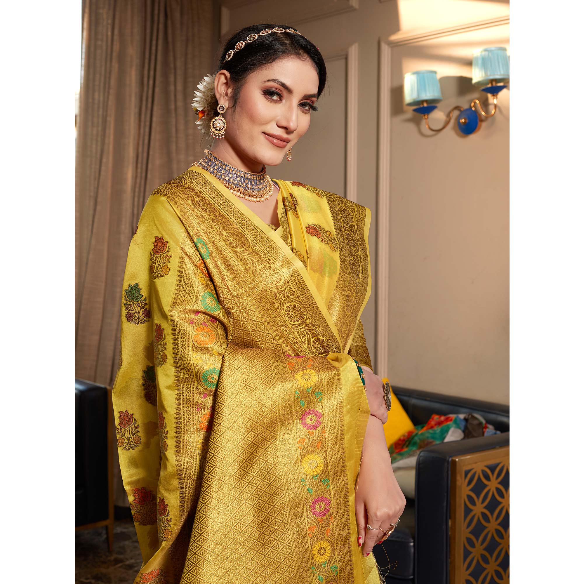 Yellow Floral Woven Organza Saree