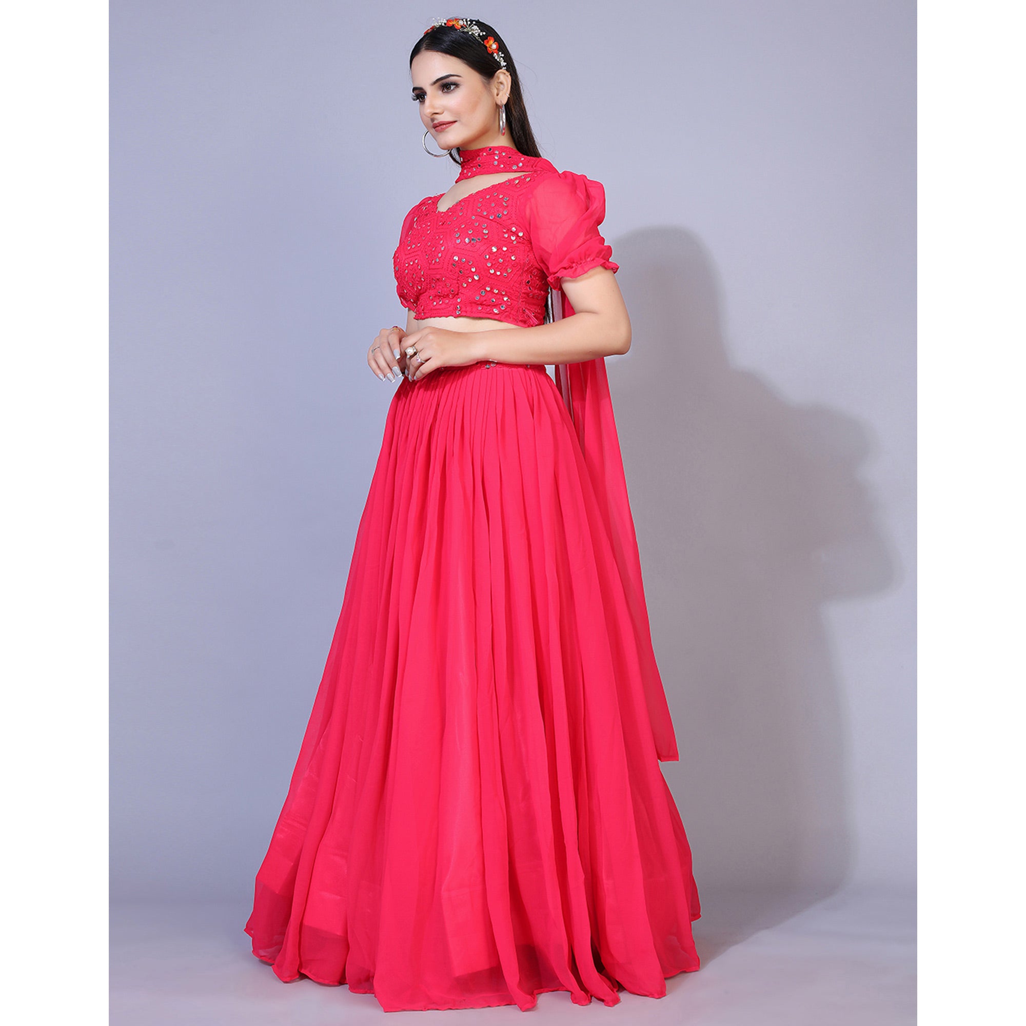 Pink Mirror Embroidered Georgette Lehenga Choli