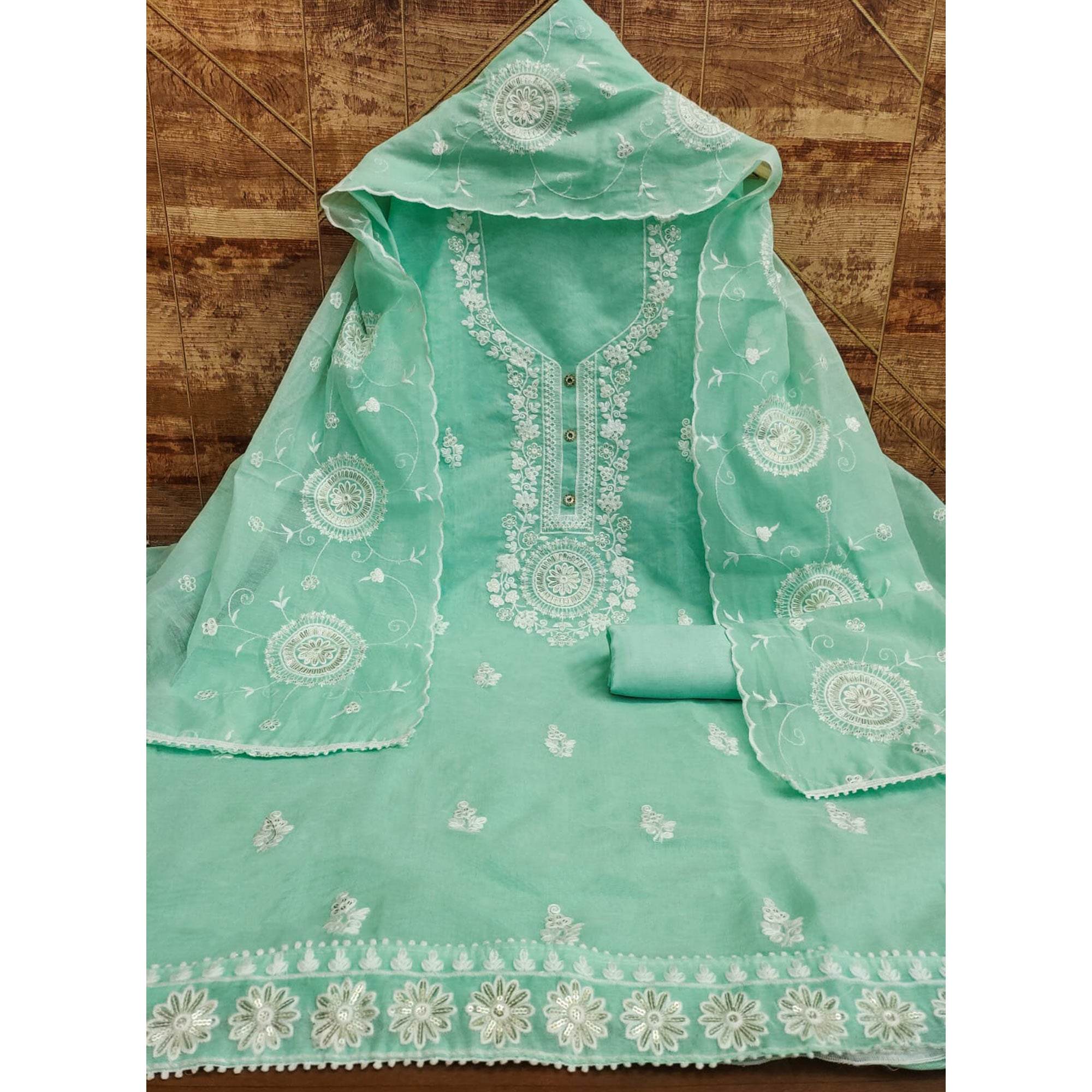 Green Floral Embroidered Chanderi Dress Material