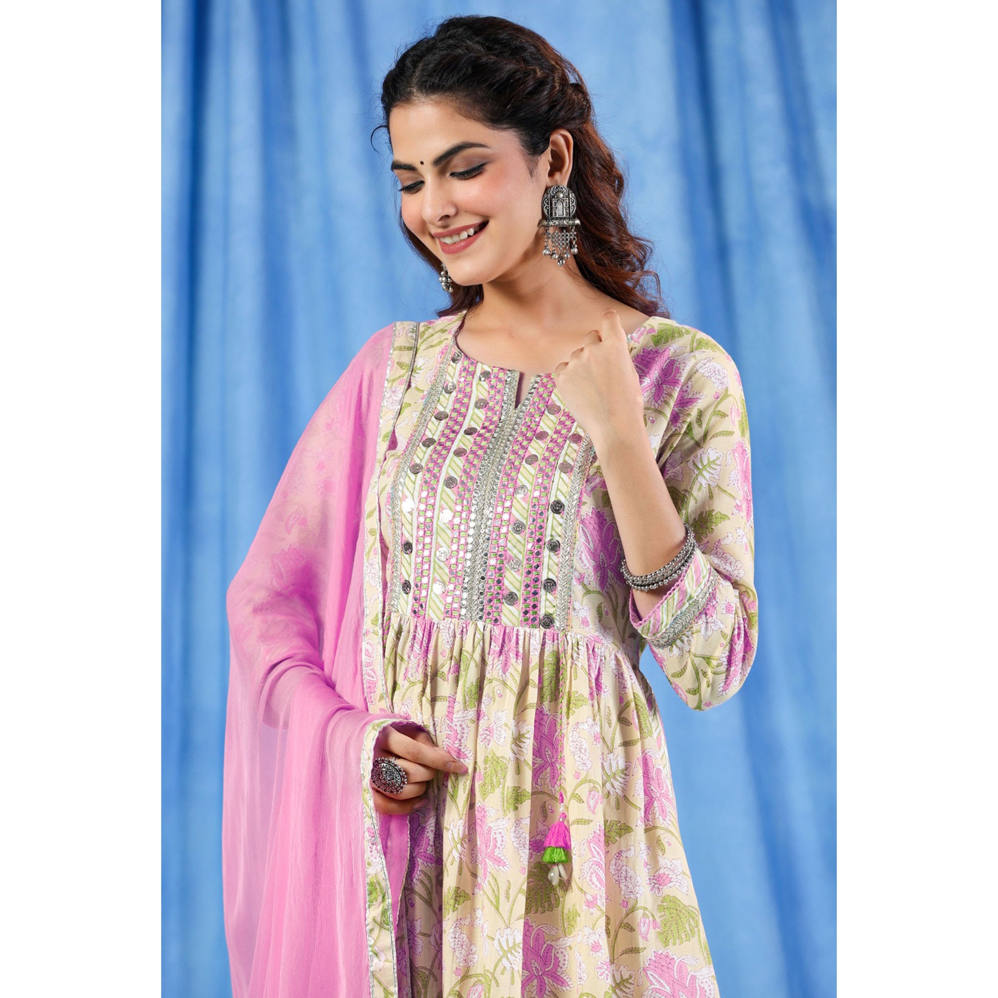 Yellow Pink Floral Printed Pure Cotton Naira Cut Suit