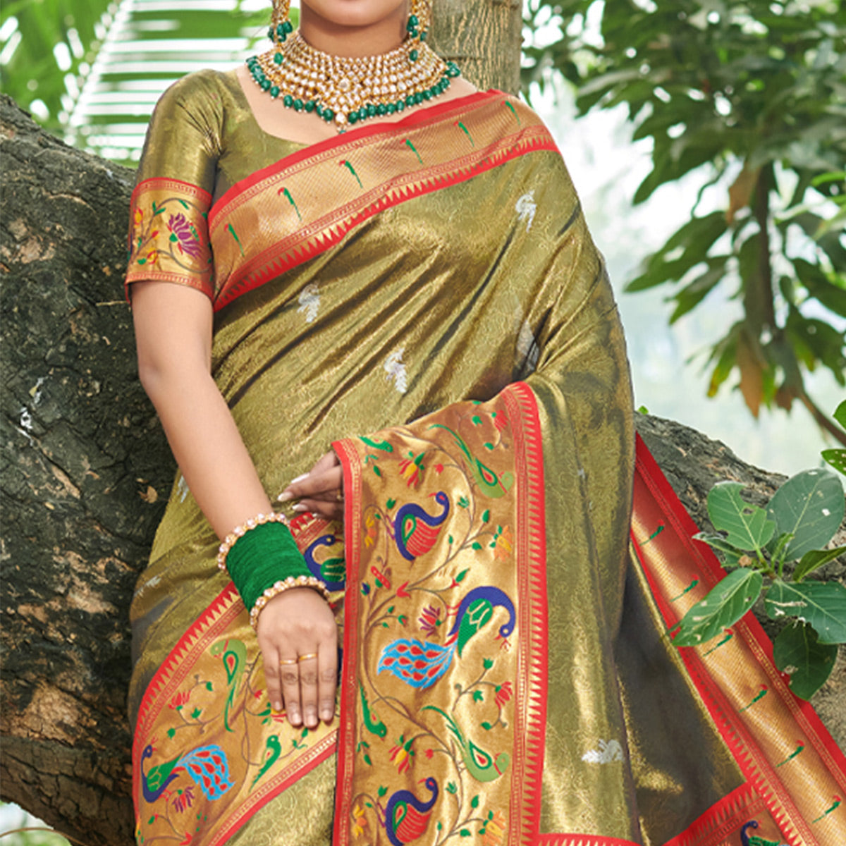 Mehendi Green Woven Art Silk Paithani Saree With Tassels