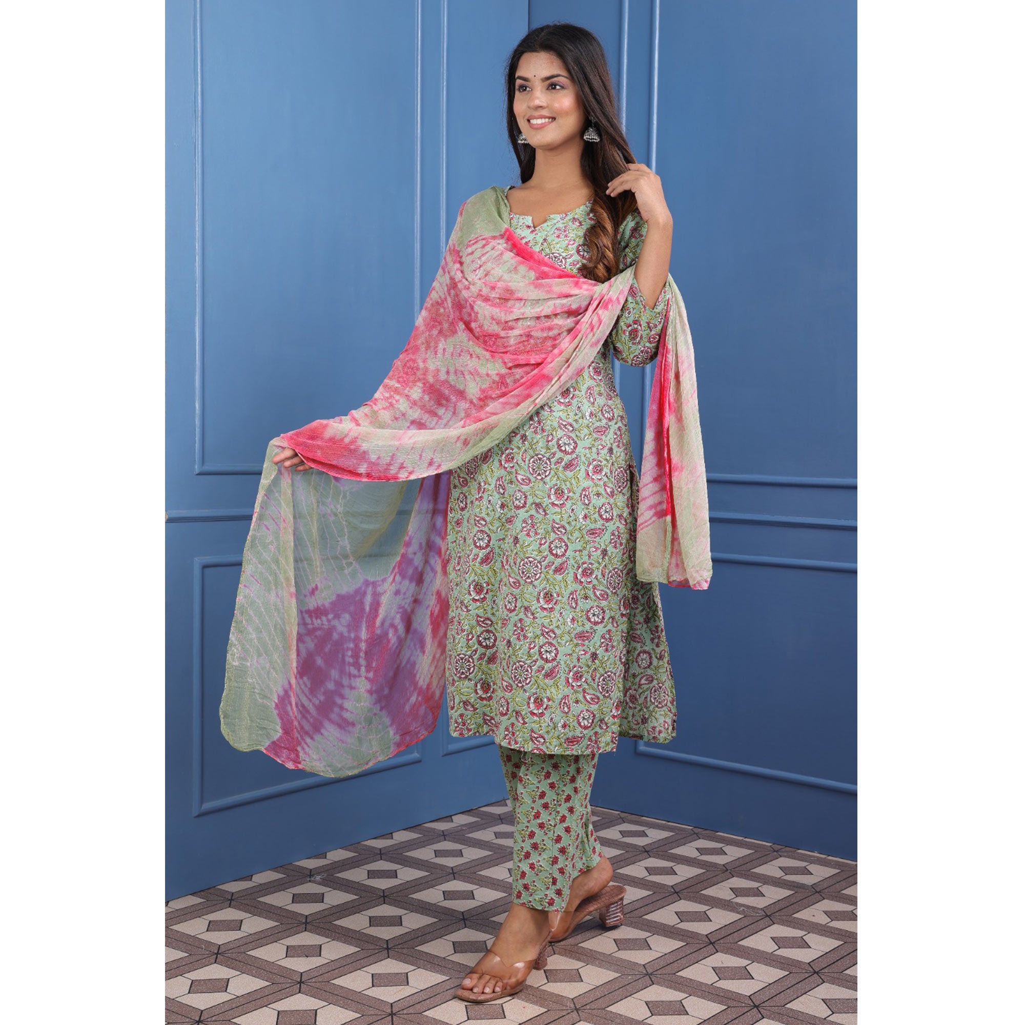 Sea Green Floral Printed Pure Cotton Suit